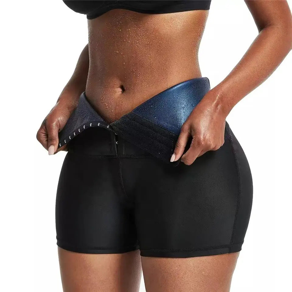 Sweaty three-breasted high-waist sauna shorts from My Store showing belly-tie design, fitness shaping, and hip-lifting style.