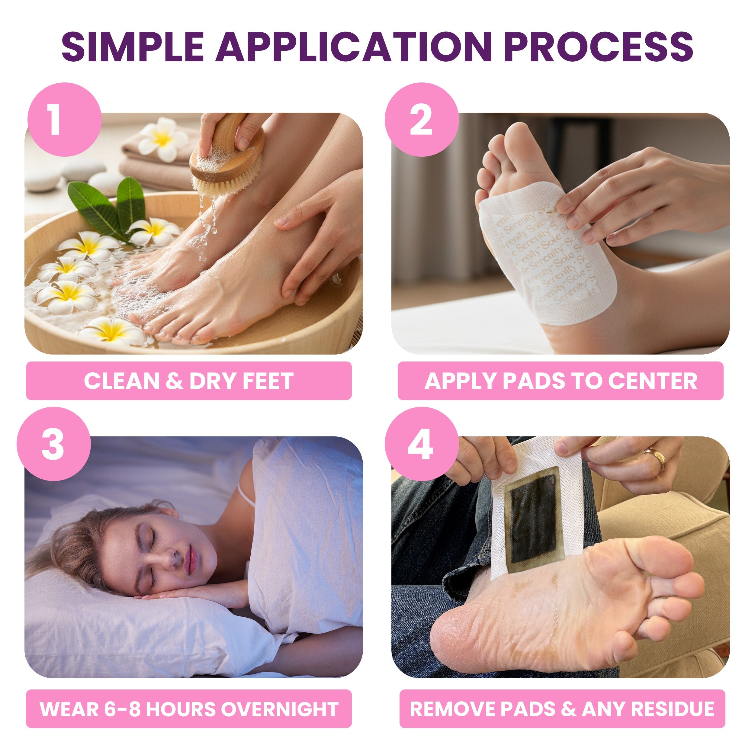 Lure Essentials Immune Harmony detox foot pads with elderberry and zinc, shown on soles for wellness and detox purposes.