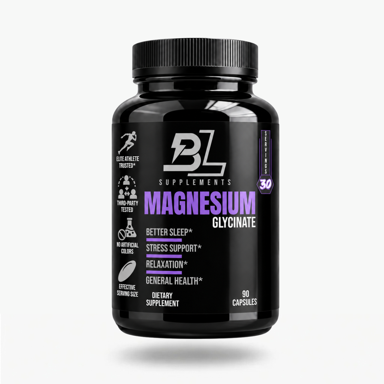 BlackLabel Supplements Magnesium Glycinate supplement bottle, close-up shot showing product label and capsules.
