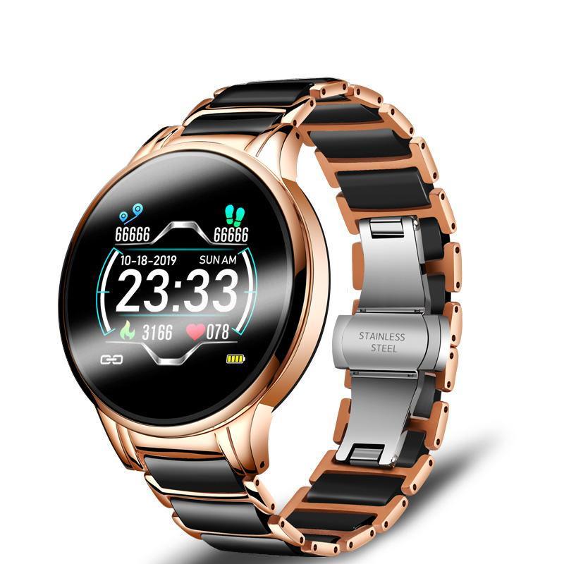 Stevvex ceramic smart fitness watch for women with steel band, heart rate and blood pressure monitor, compatible with Android and iOS.