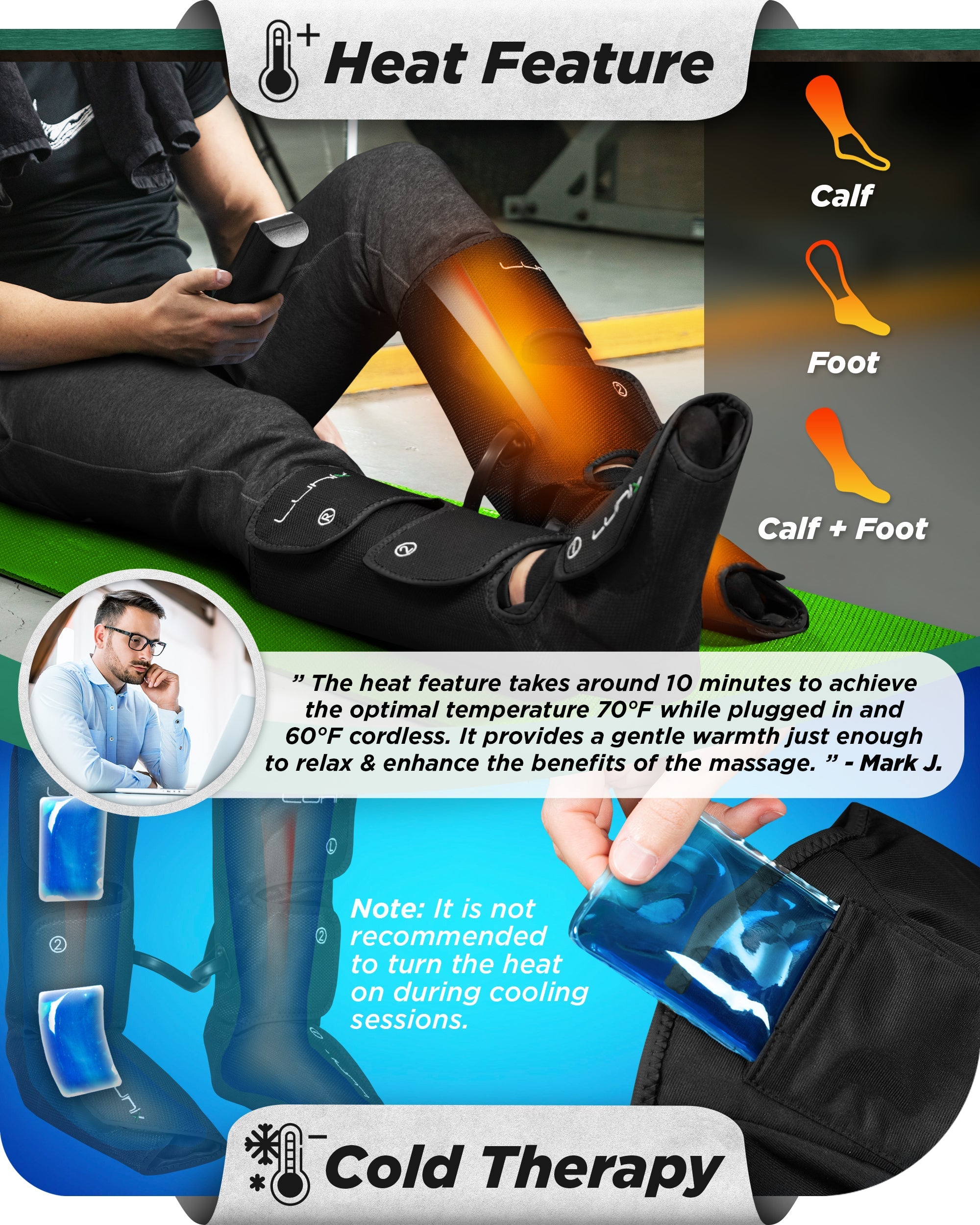 Lunix LX1 foot and calf compression massager in charcoal black, showing the device with adjustable straps and massage nodes.