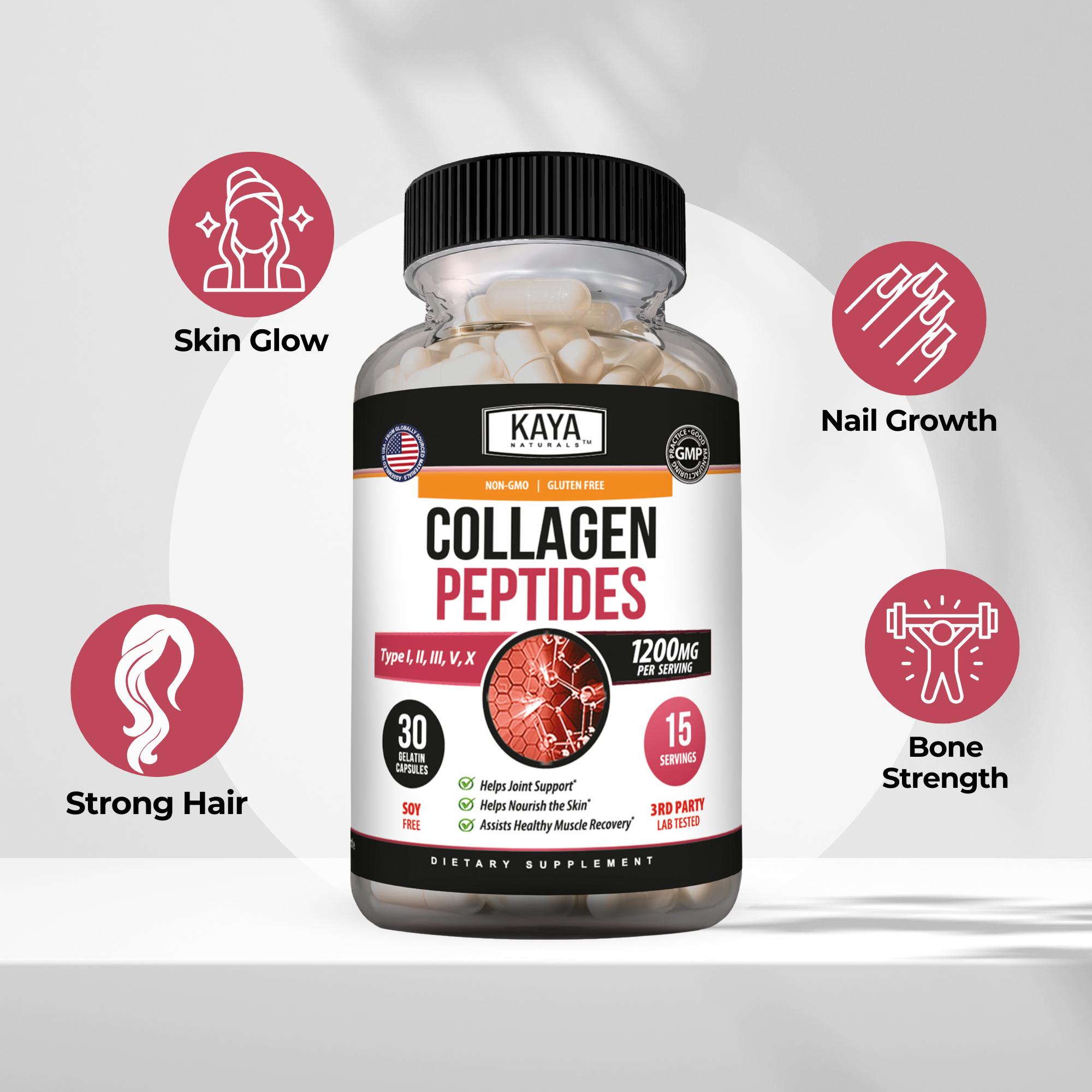 Kaya Naturals Collagen Peptides in a clear jar with scoop, showing the powdered supplement on a neutral background.