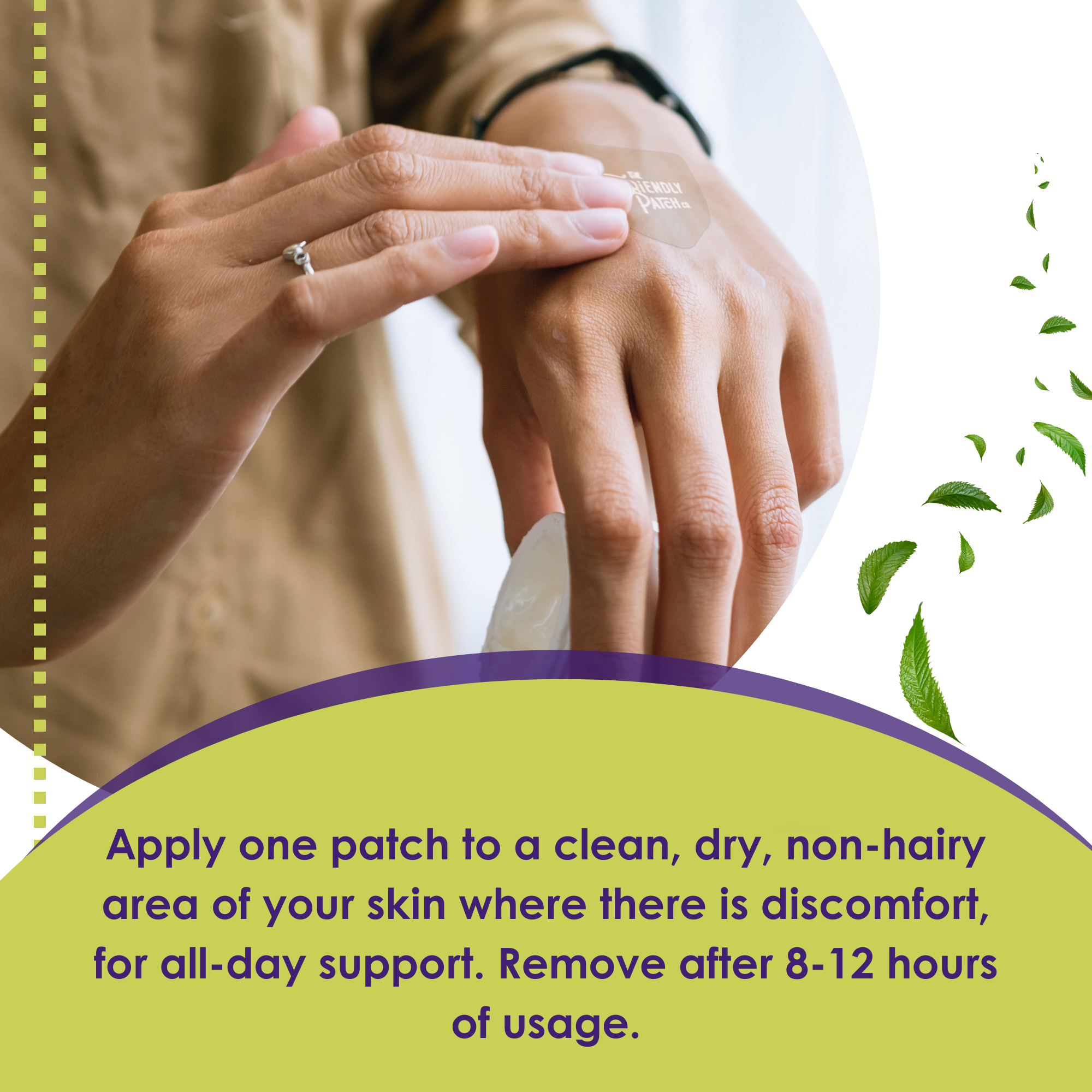 Relief Day Pain Patches by Friendly Patch Co with Arnica and Willow Bark, showing four patches on skin for daytime pain relief.