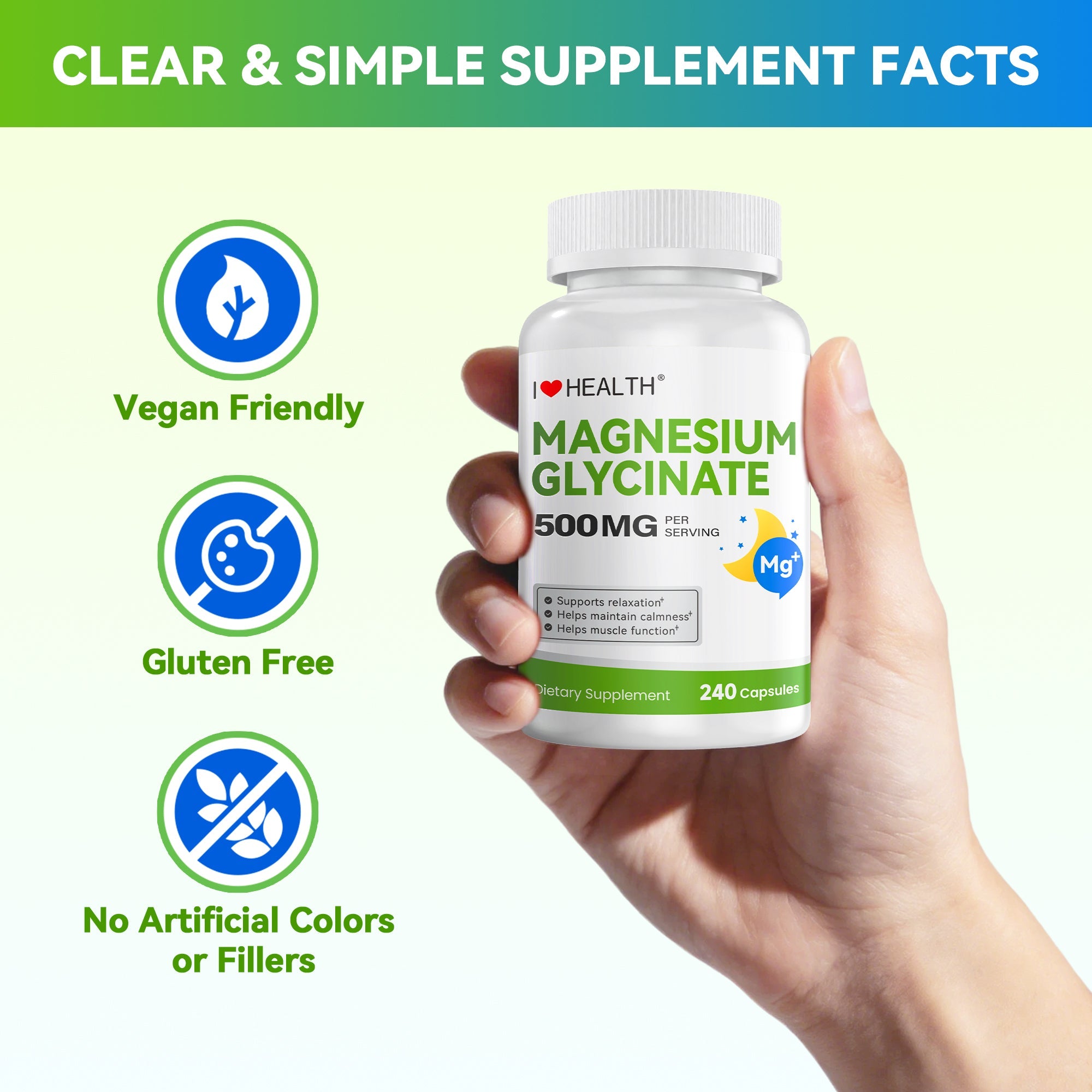 Bottle of I Love Health Store Magnesium Glycinate capsules, 240 high absorption magnesium supplement with gentle stomach support.