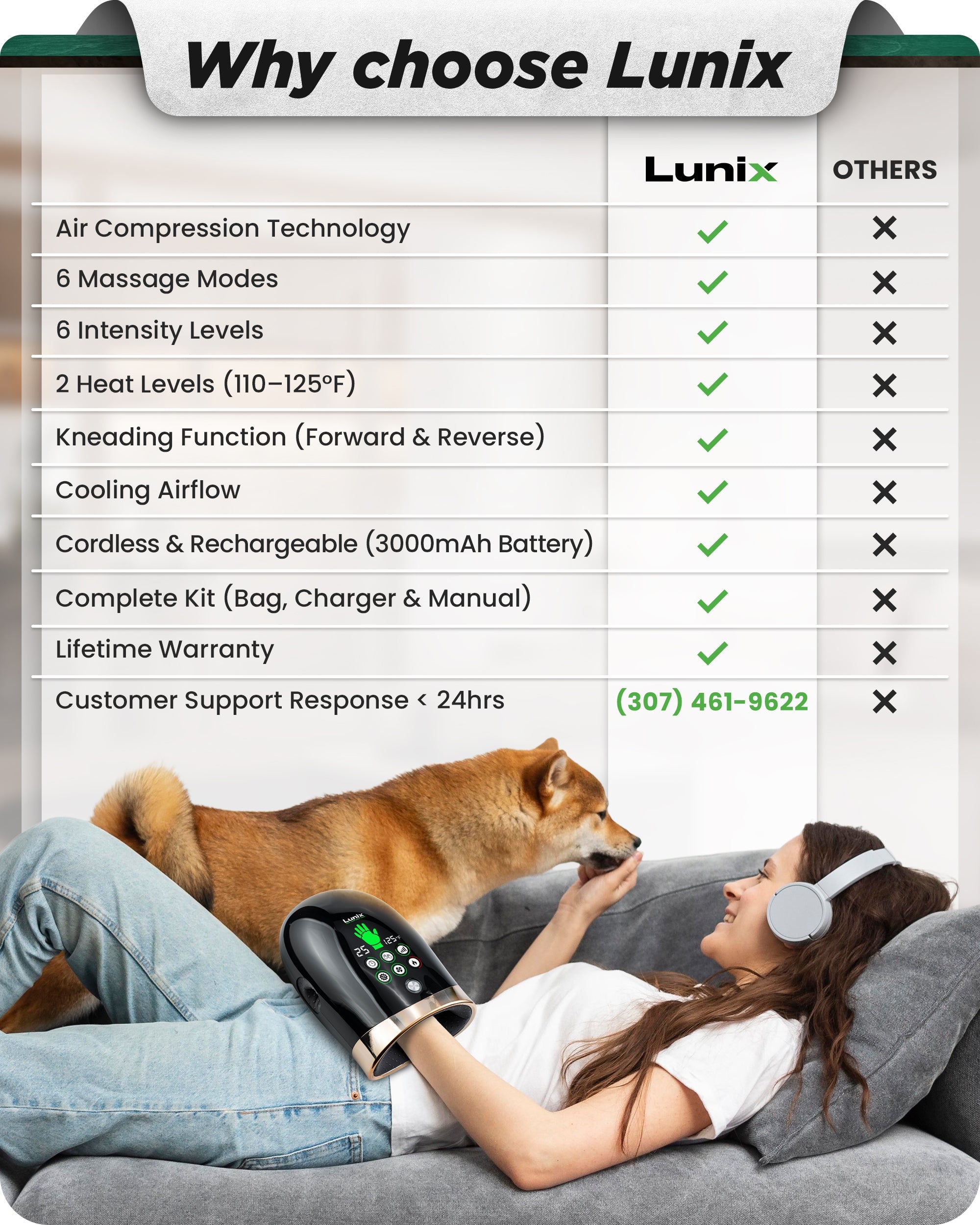 Lunix LX30 rolling hand massager in charcoal black with kneading, compression, heat, and cooling fan for health and beauty.