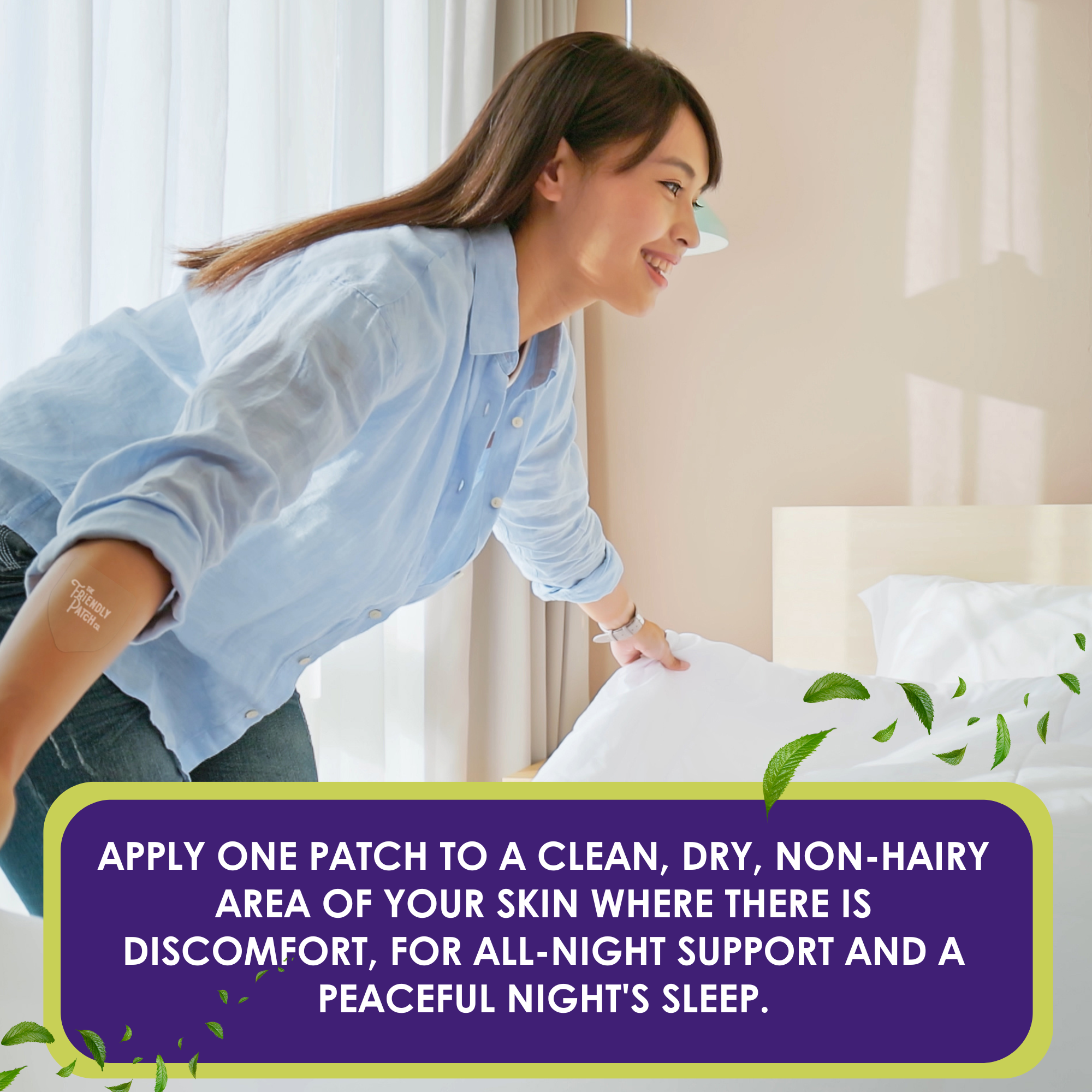 Friendly Patch Co night wellness pain patch, plant-based topical patch designed for evening relief and relaxation.