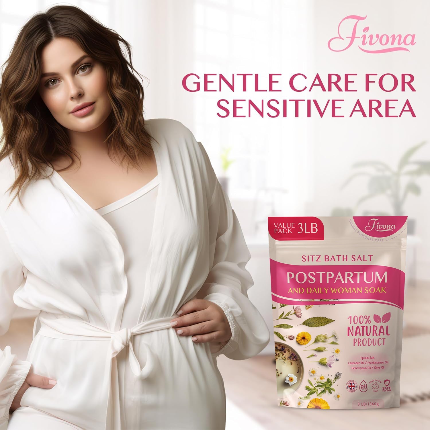 Fivona postpartum sitz bath soak blend in a 48oz jar, natural herbal blend for postpartum care and soothing baths.