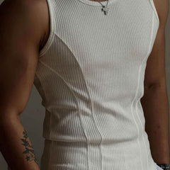 White athletic ribbed muscle tank top for men by 4inme, slim-fit sleeveless vest showing a close-up of the fabric and fit.