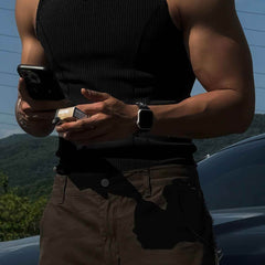White 4inme athletic ribbed muscle tank for men, slim-fit sleeveless vest, stretchy top designed for active wear and muscle definition.