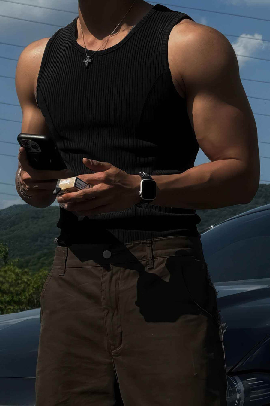 White 4inme athletic ribbed muscle tank for men, slim-fit sleeveless vest, stretchy top designed for active wear and muscle definition.