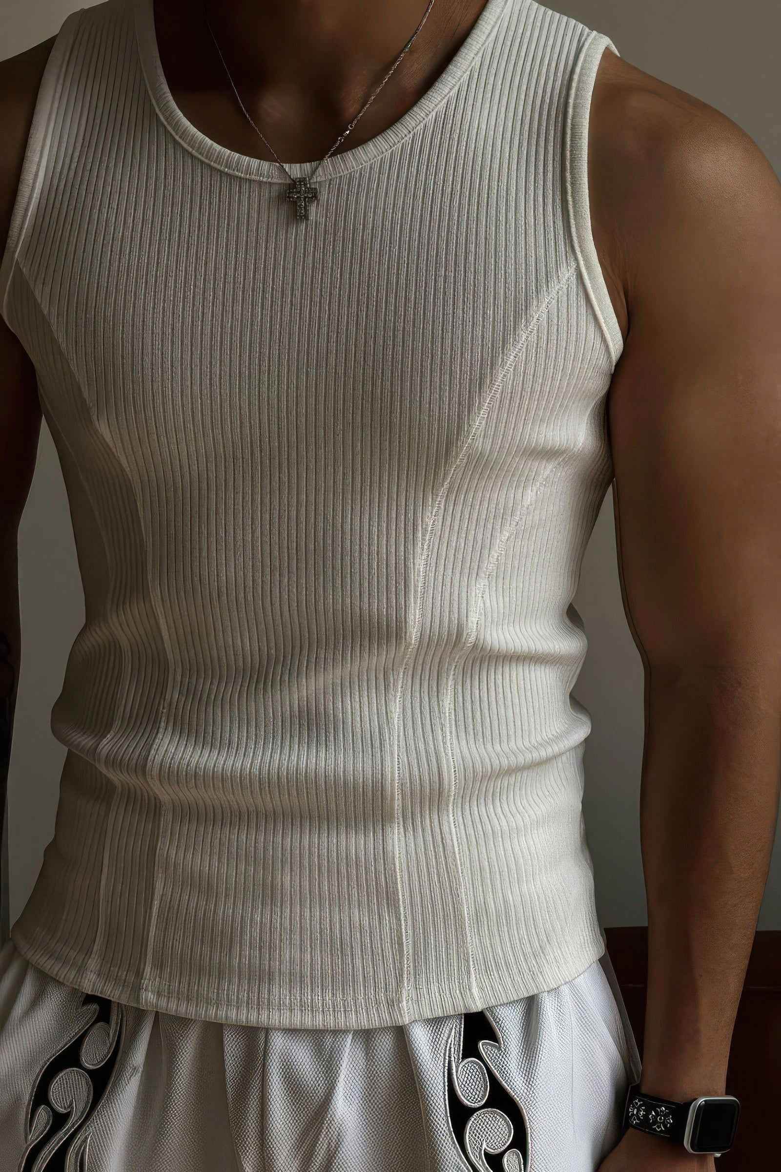 White athletic ribbed muscle tank for men by 4inme, slim-fit sleeveless top with stretchy fabric and sleeveless design.