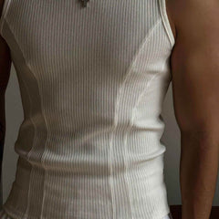 White athletic ribbed muscle tank for men by 4inme, slim-fit sleeveless top with stretchy fabric and sleeveless design.