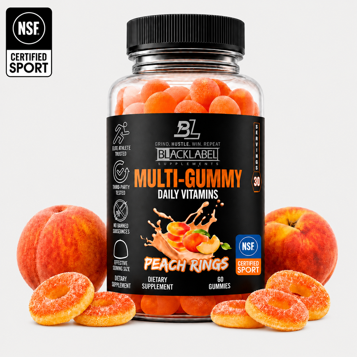 Colorful BLACKLABEL Supplements multi gummy vitamins in a clear jar, featuring an assortment of fruit-flavored gummies.
