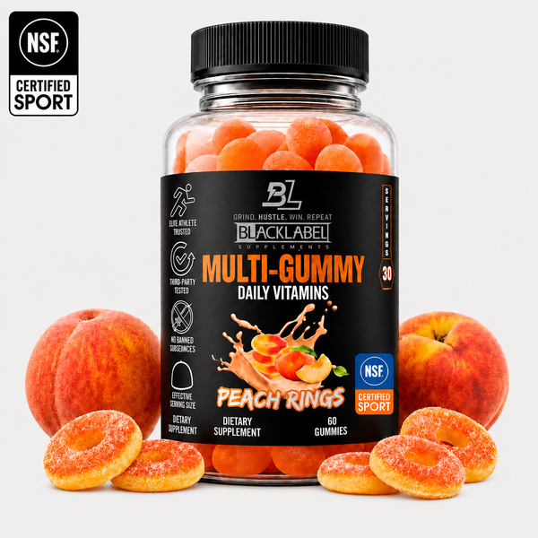 Colorful BLACKLABEL Supplements multi gummy vitamins in a clear jar, featuring an assortment of fruit-flavored gummies.