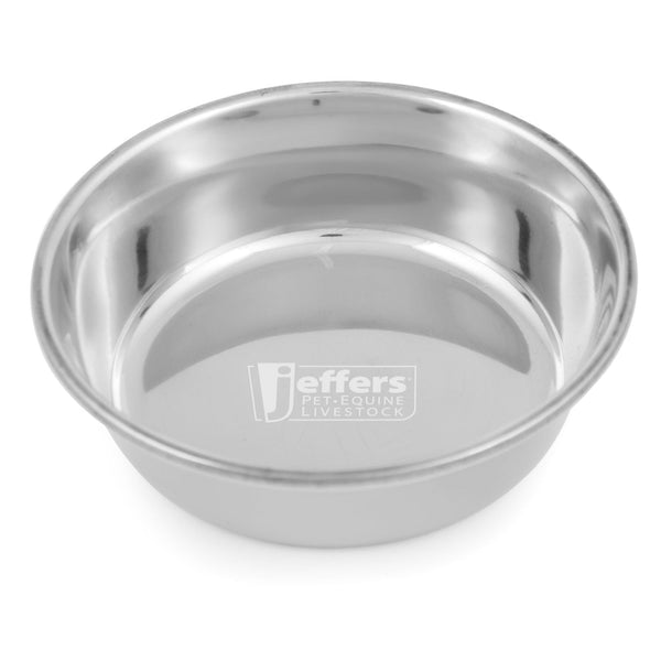 Heavy weight stainless steel pet bowl by Jeffers, chew-resistant and dishwasher safe food and water dish for pets.