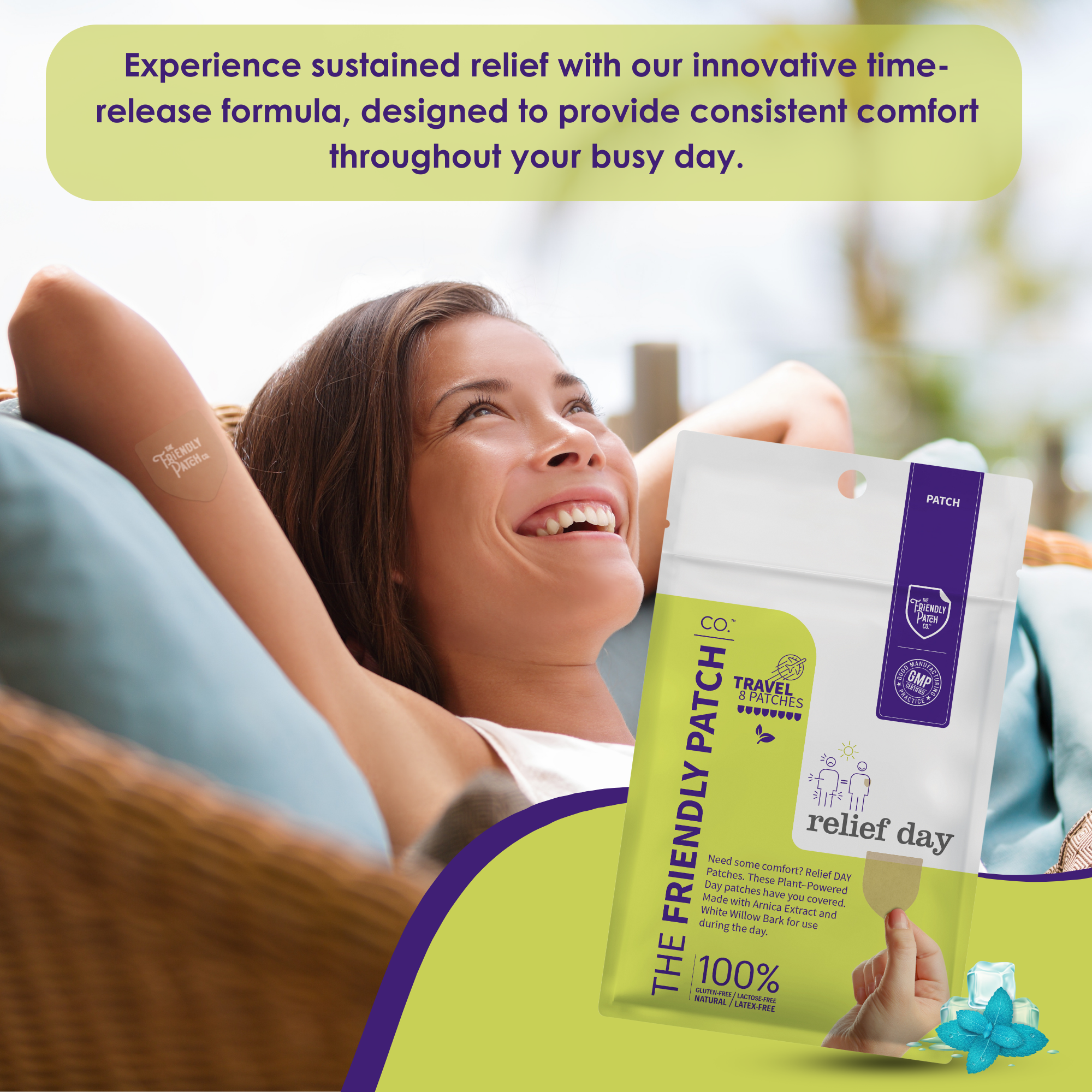Friendly Patch Co Relief Day Pain Patches featuring arnica and willow bark, shown in an 8-pack for targeted pain relief.