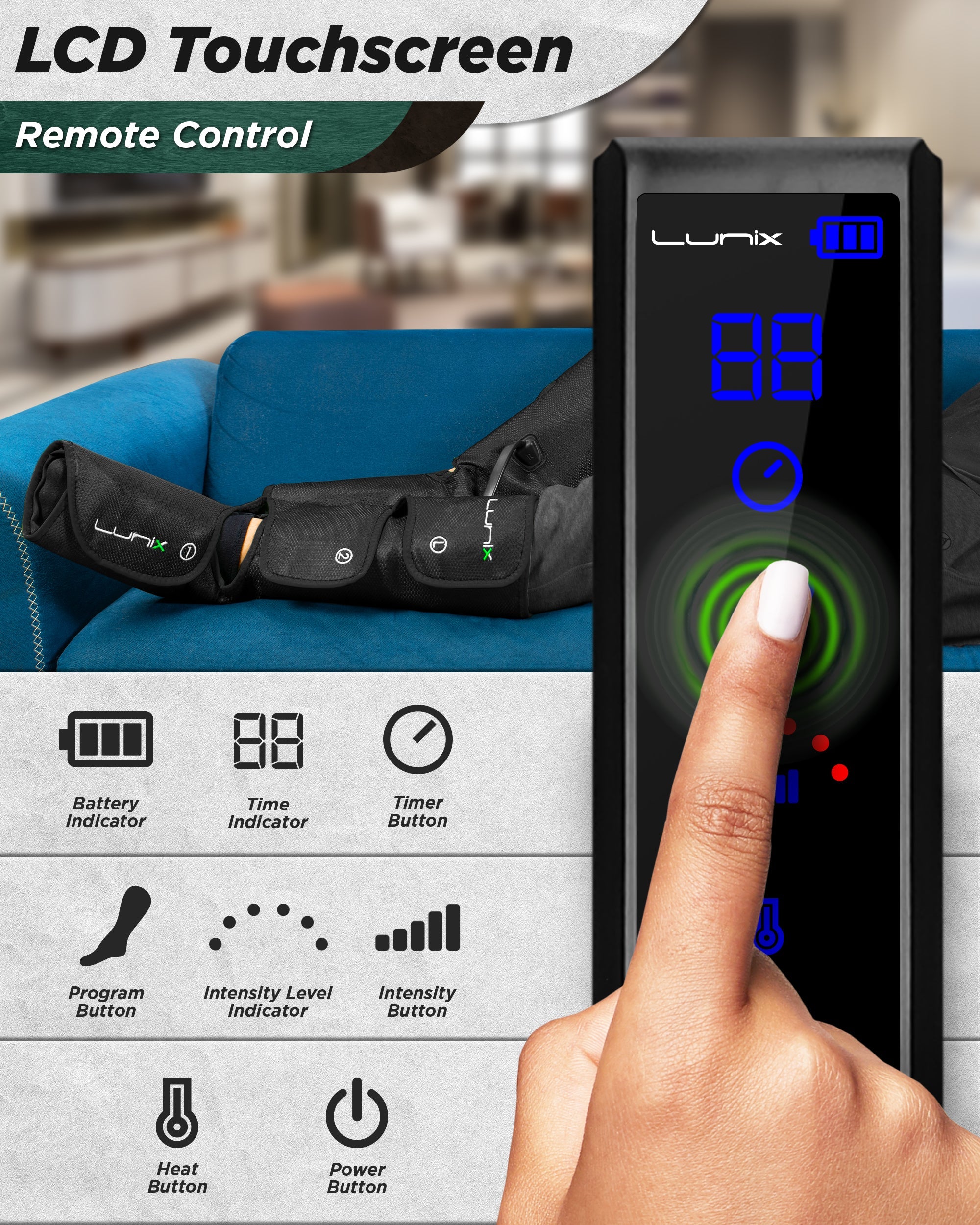 Lunix LX1 foot and calf compression massager in charcoal black with adjustable straps and control panel, designed for relaxation.