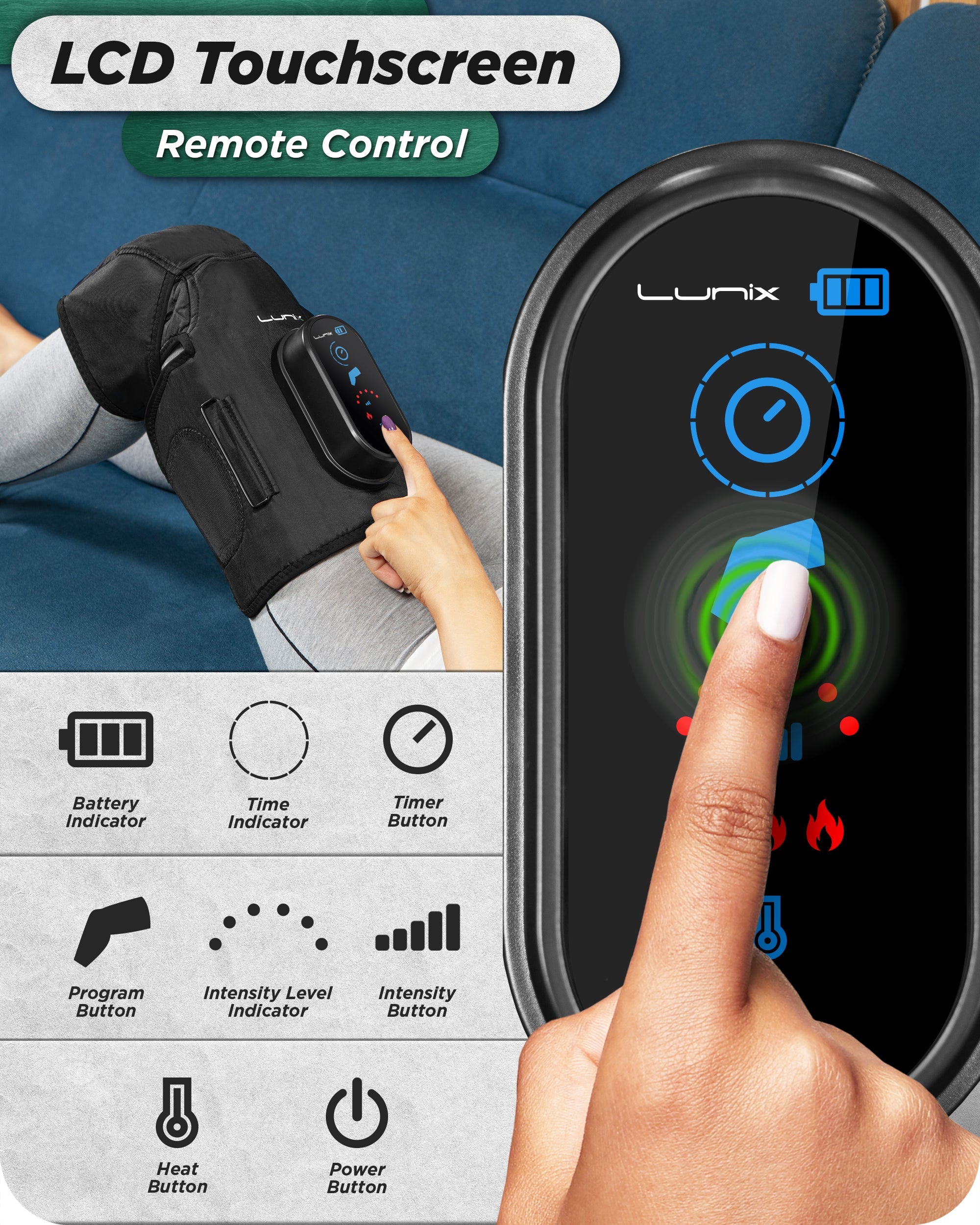 Lunix LX4 Knee Massager in charcoal black, showing the ergonomic design and adjustable straps for targeted knee relief.