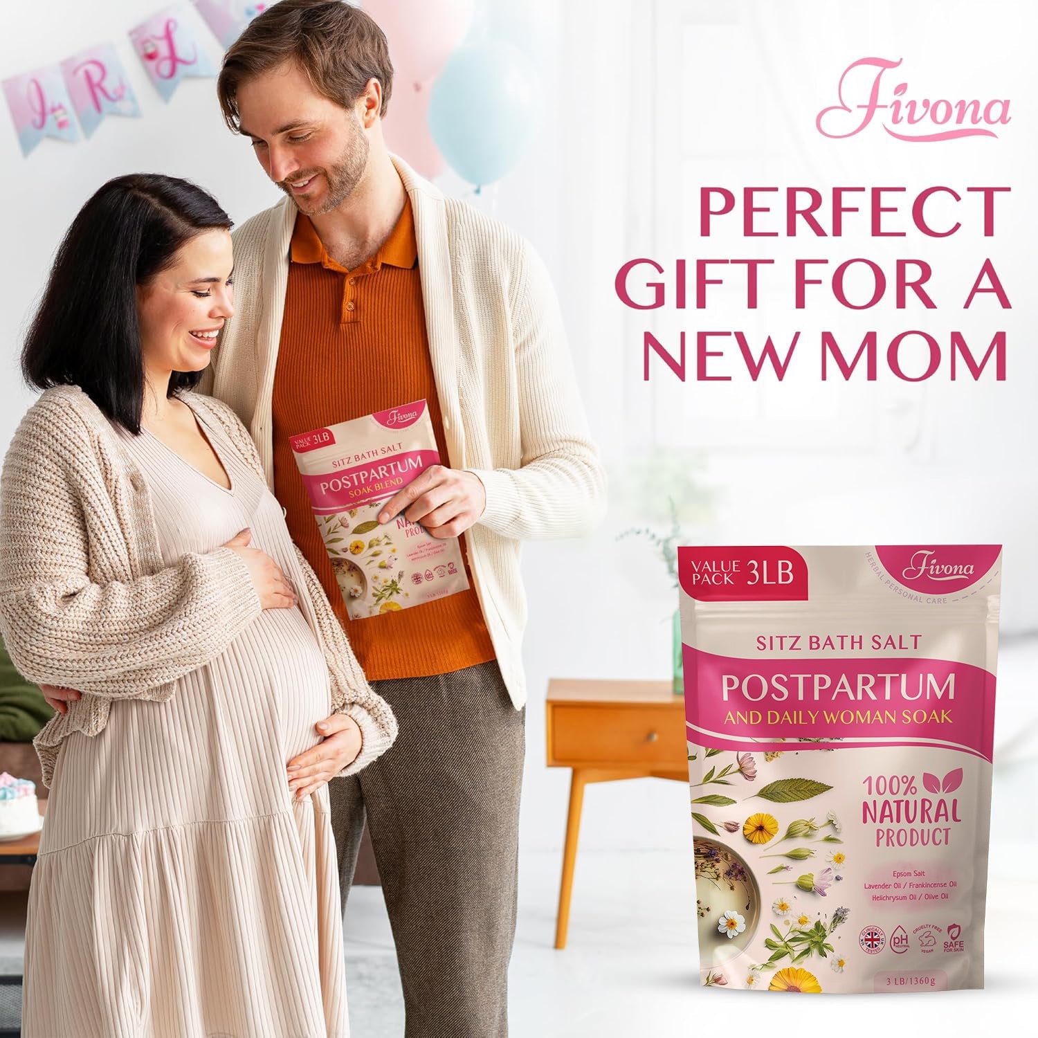 Fivona Postpartum Sitz Bath Soak Blend 48oz in a clear jar, natural herbal blend for postpartum comfort and soothing relief.