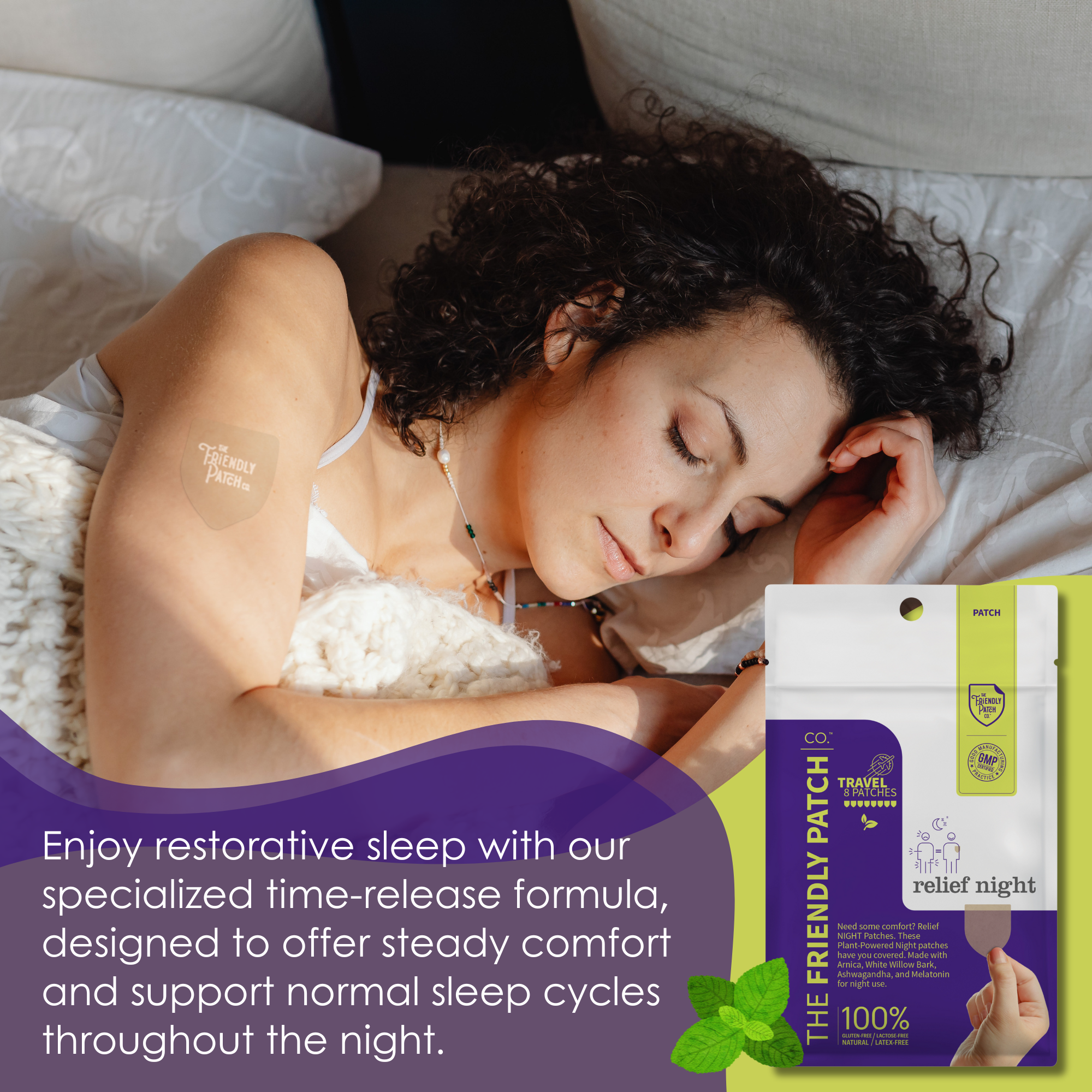 Friendly Patch Co night pain relief patch with plant-based ingredients designed for soothing evening use.