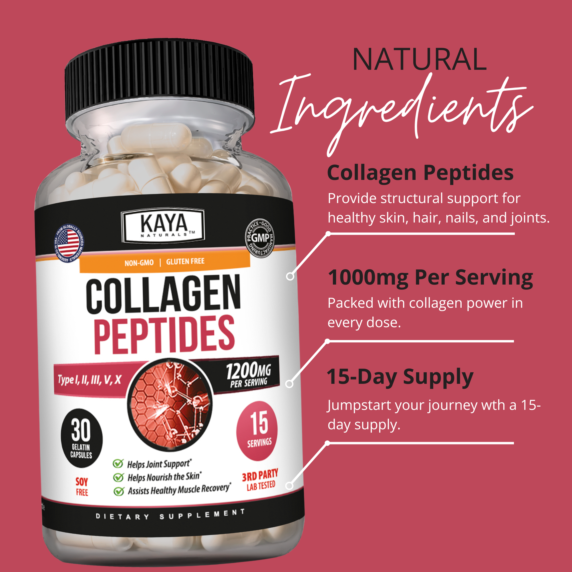 Kaya Naturals Collagen Peptides in a jar, showing the white powder inside, for skin, hair, and joint health.
