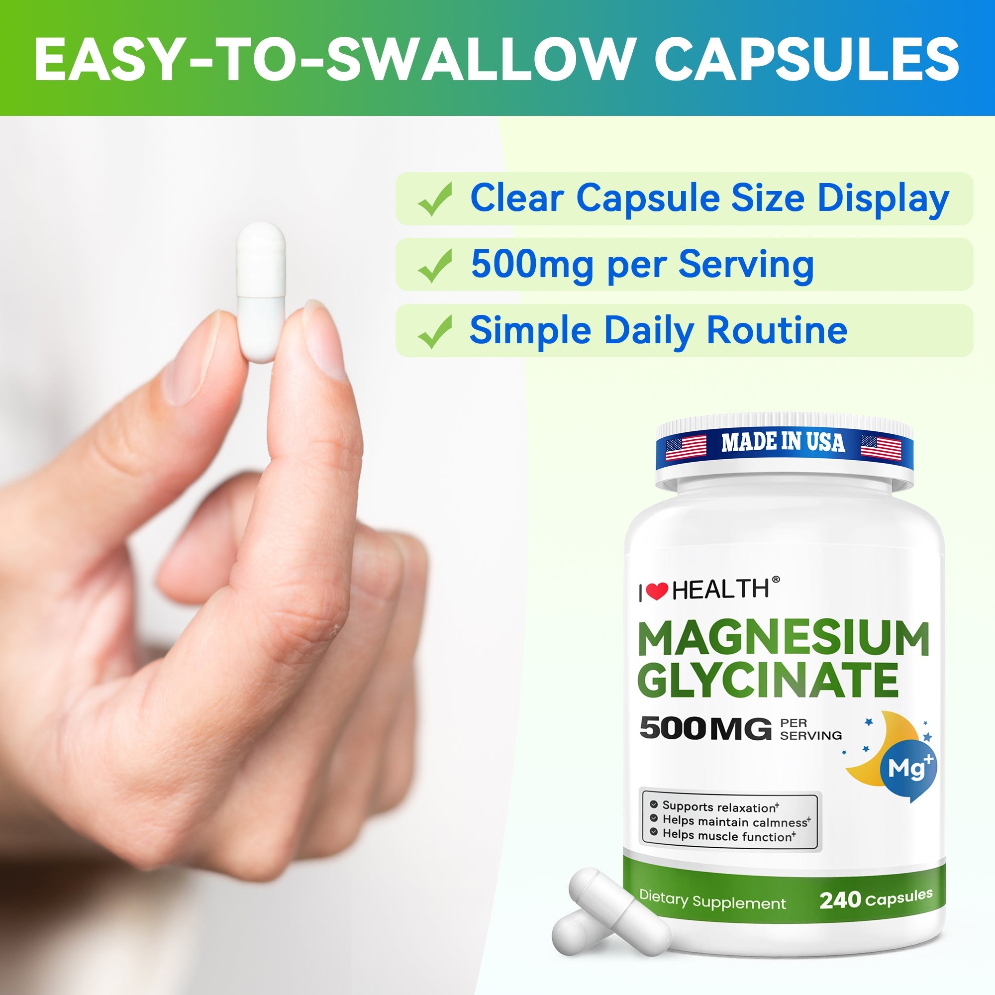 I Love Health Store Magnesium Glycinate capsules bottle, high absorption magnesium supplement with 240 capsules, gentle on stomach.