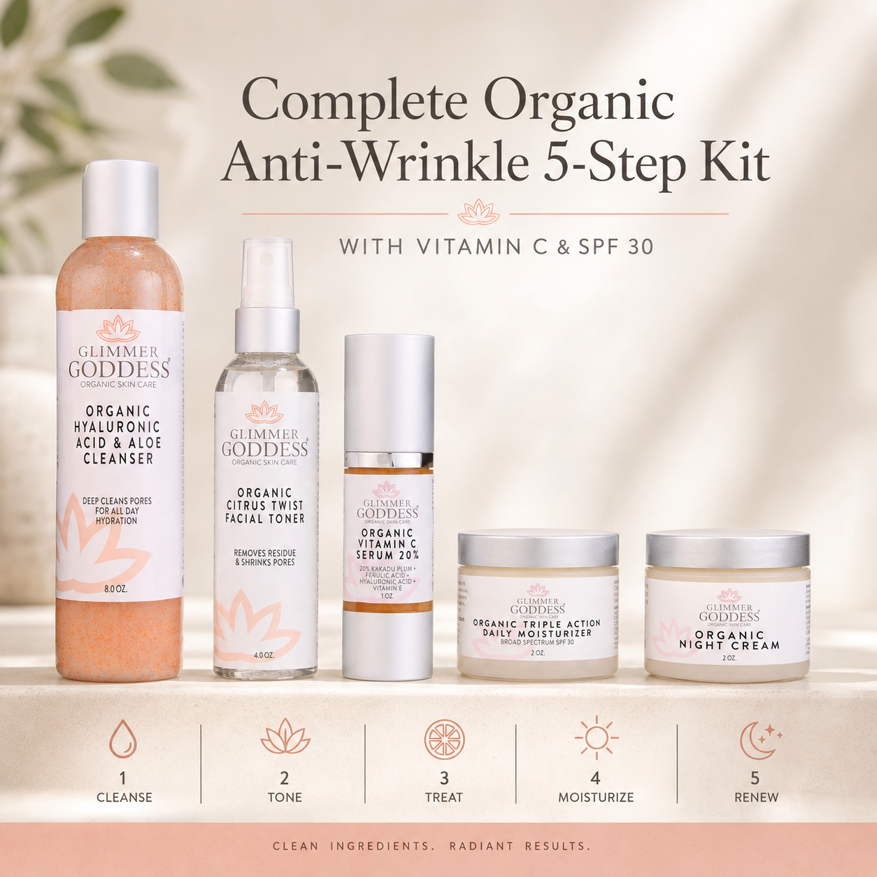 Complete Organic Anti-Wrinkle 5-Step Kit with Vitamin C & SPF 30