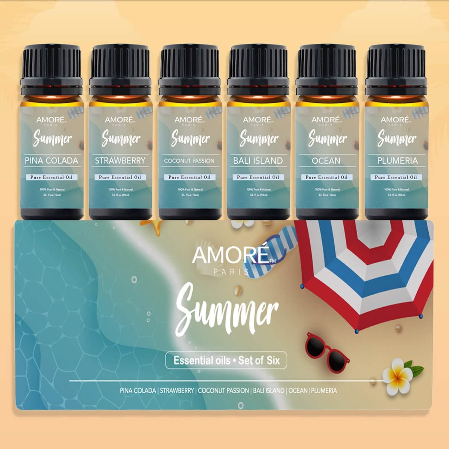 Six bottles of DailySale Summer Vibe fresh scented aromatherapy essential oil for diffusers and humidifiers in a wellness set.