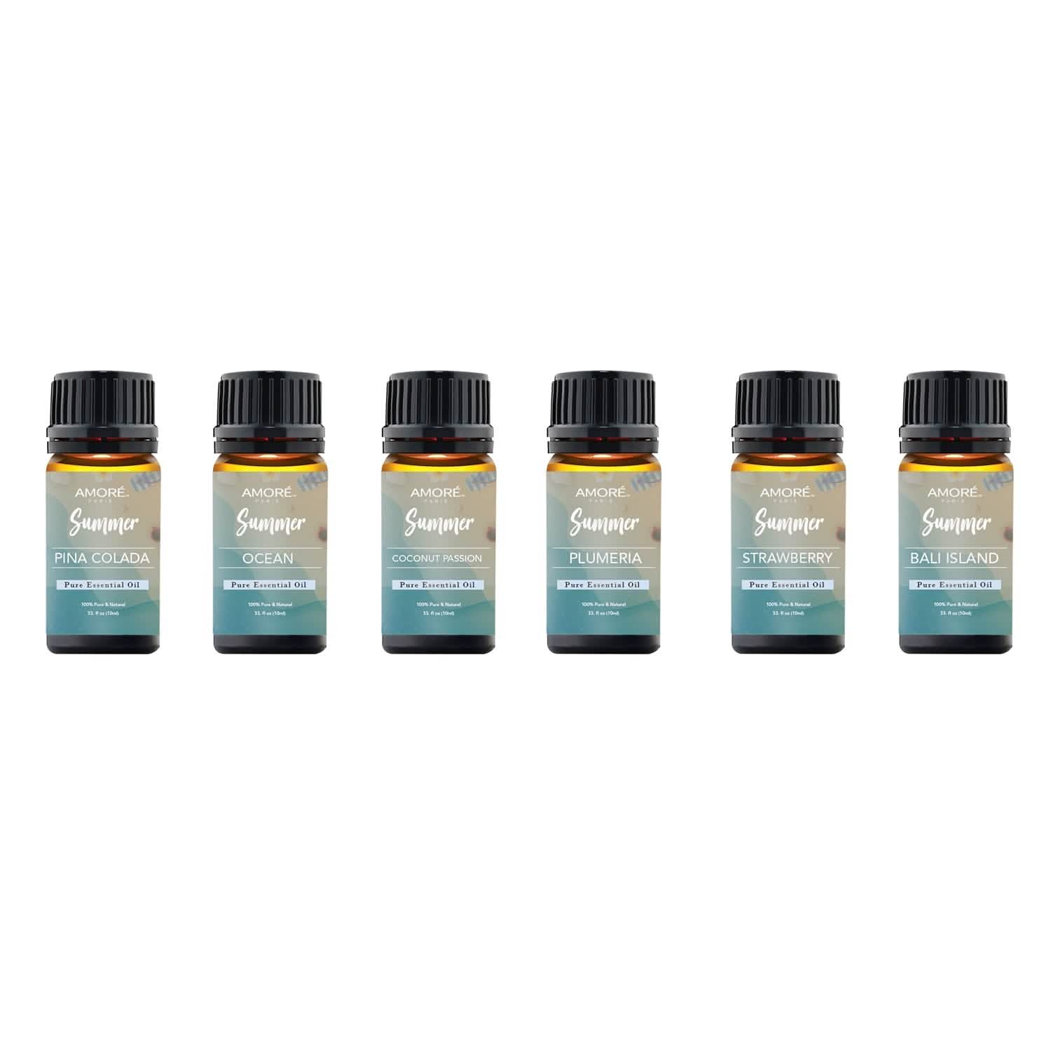 Six bottles of Summer Vibe Fresh Scented Aromatherapy Essential Oil by DailySale for diffusers and humidifiers in a wellness set.