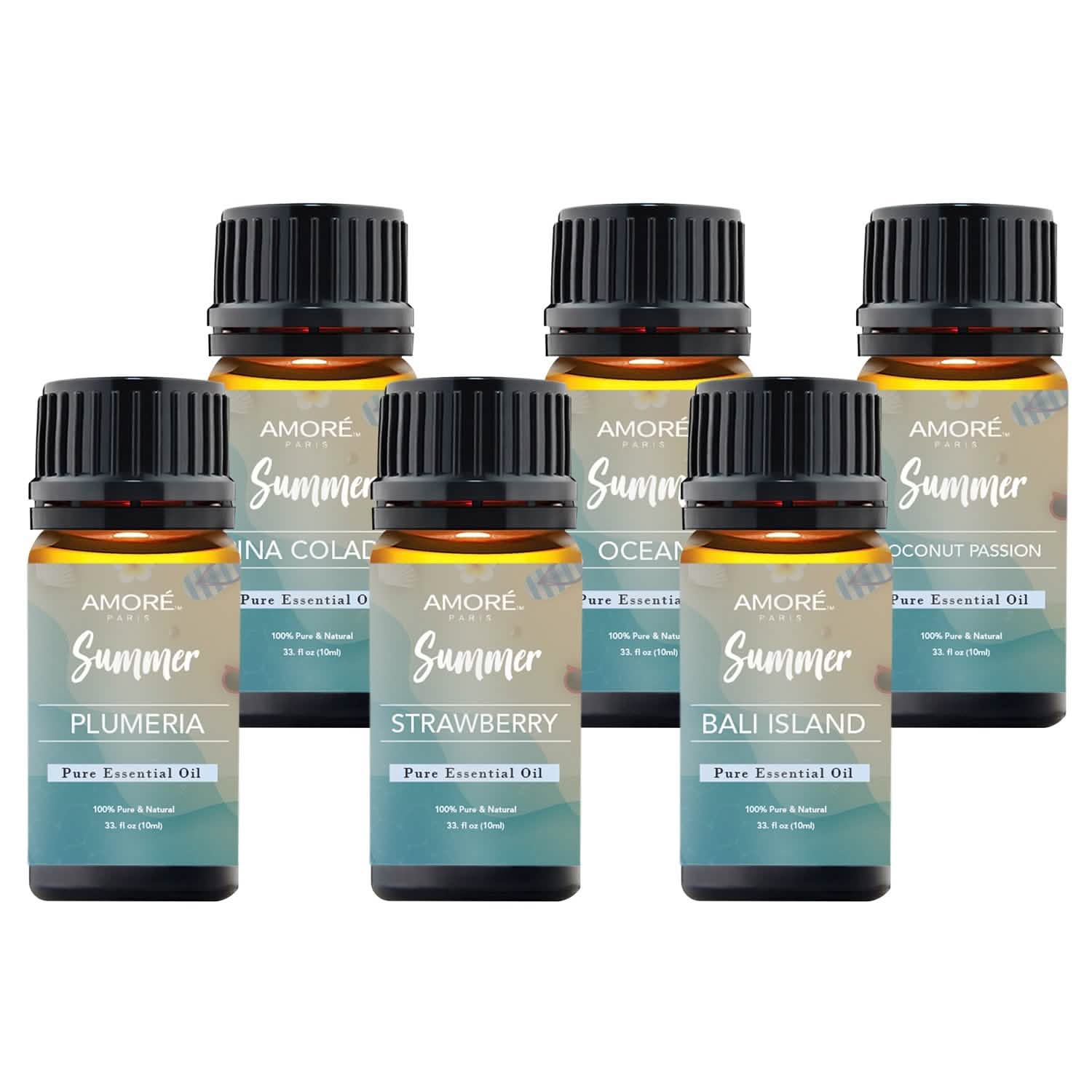 Six bottles of Summer Vibe Fresh Scented Aromatherapy Essential Oil from DailySale, ideal for diffusers and humidifiers.
