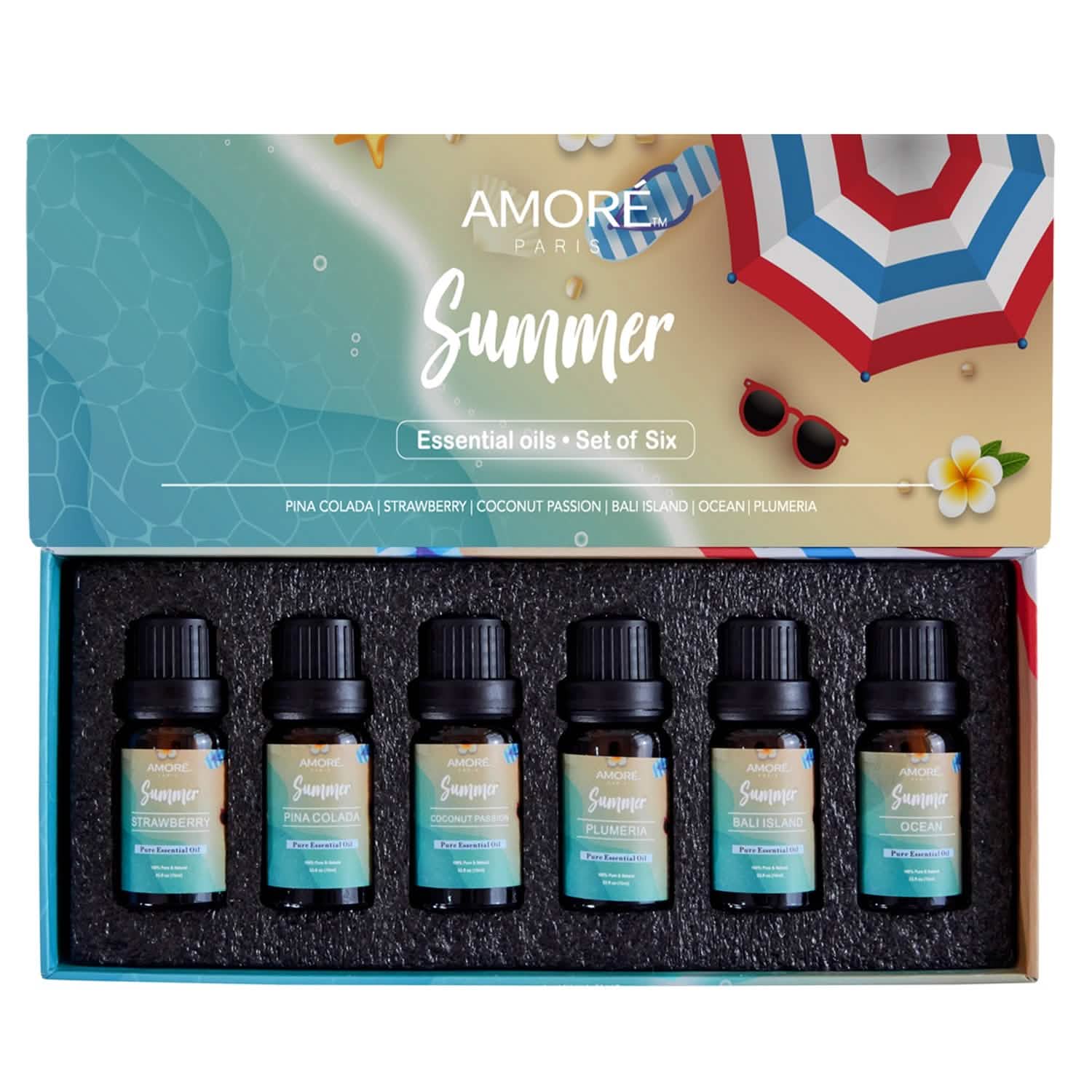 Six bottles of Summer Vibe Fresh Scented Aromatherapy Essential Oil for diffusers and humidifiers, from DailySale, in a 6-pack.