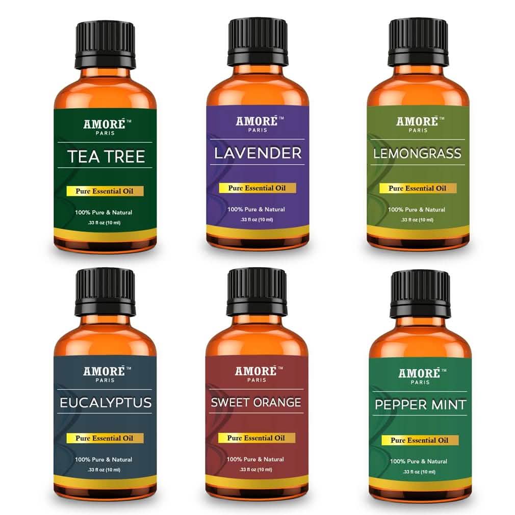 Six therapeutic grade essential oils in glass bottles, part of DailySale aromatherapy gift set for health and wellness.