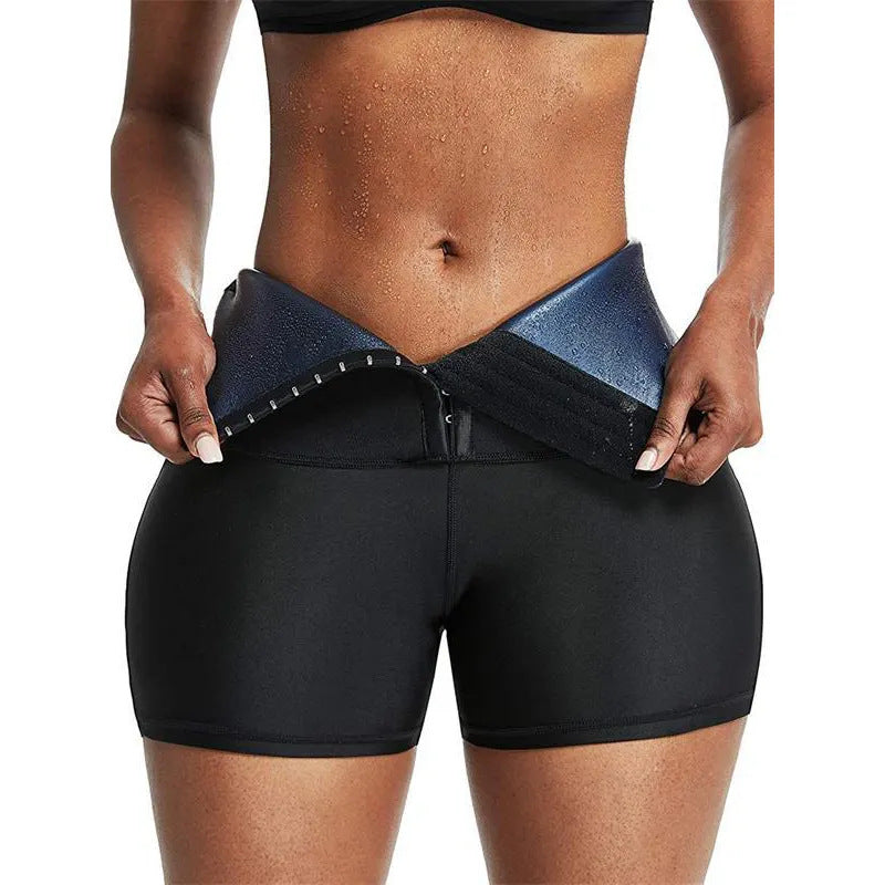Sweaty three-breasted high-waist sauna shorts from My Store, showing their belly-tight fit, shaping design, and hip-lifting features.