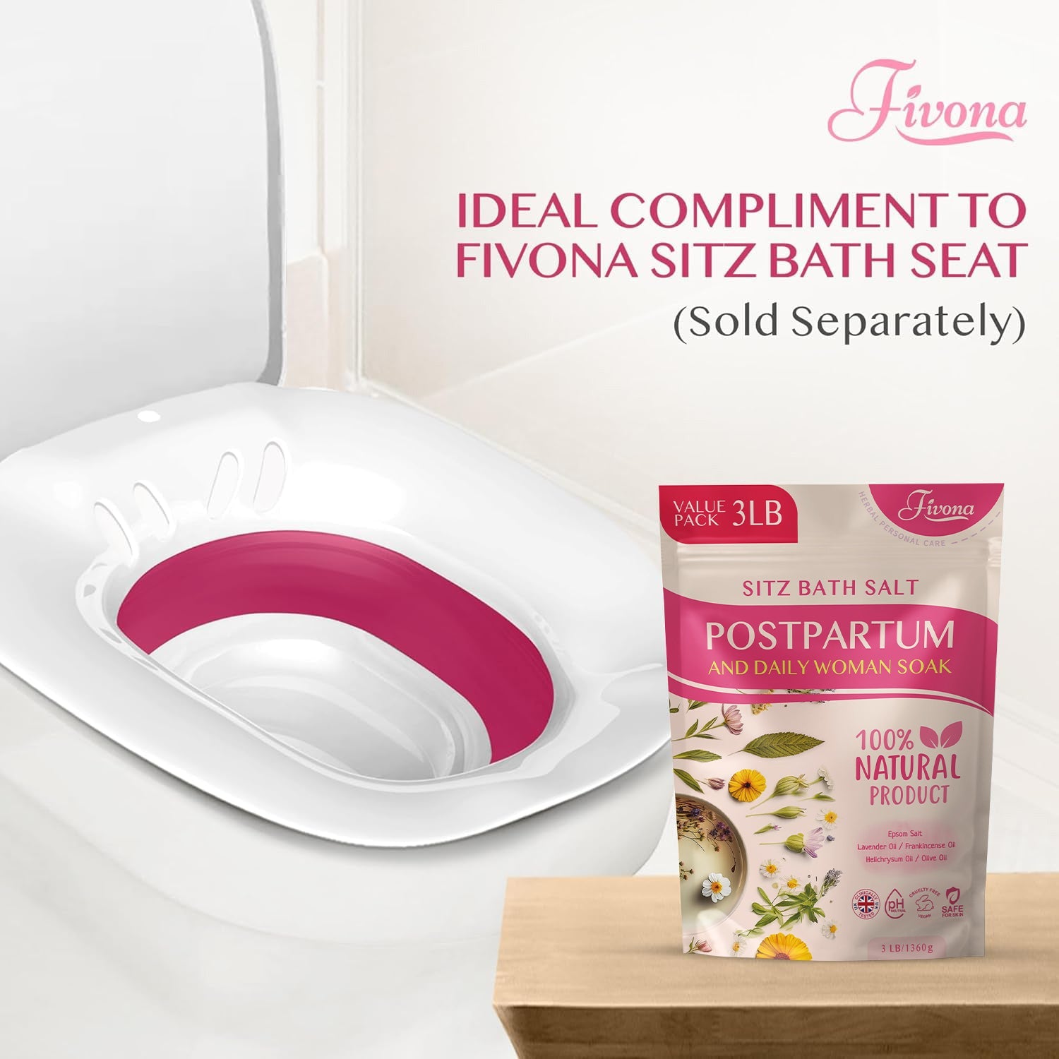 Fivona Postpartum Sitz bath soak blend in a 48oz container, showing the herbal mixture and packaging for postpartum soothing care.