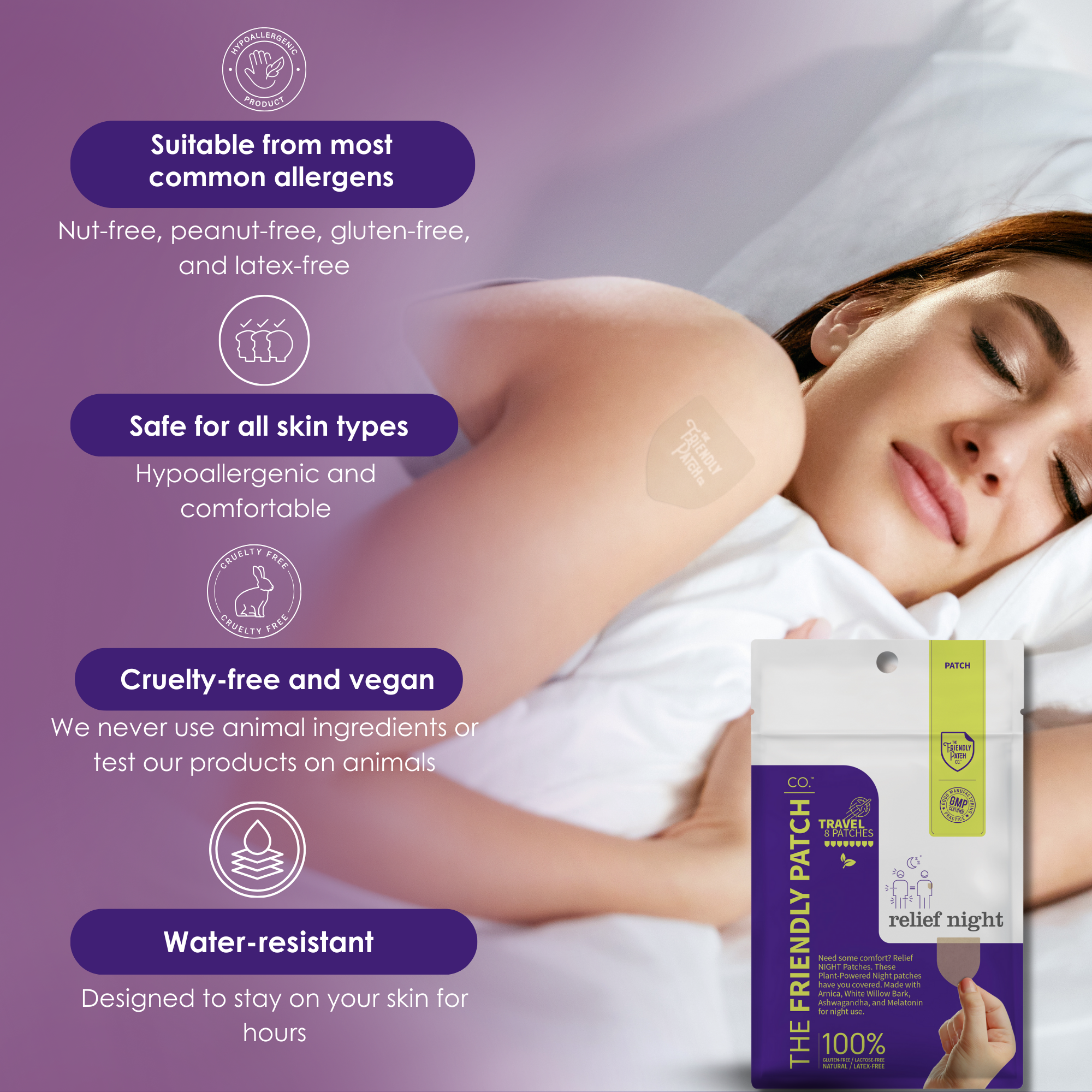 Friendly Patch Co nighttime pain relief patch for evening routines, plant-based topical patch shown on skin.