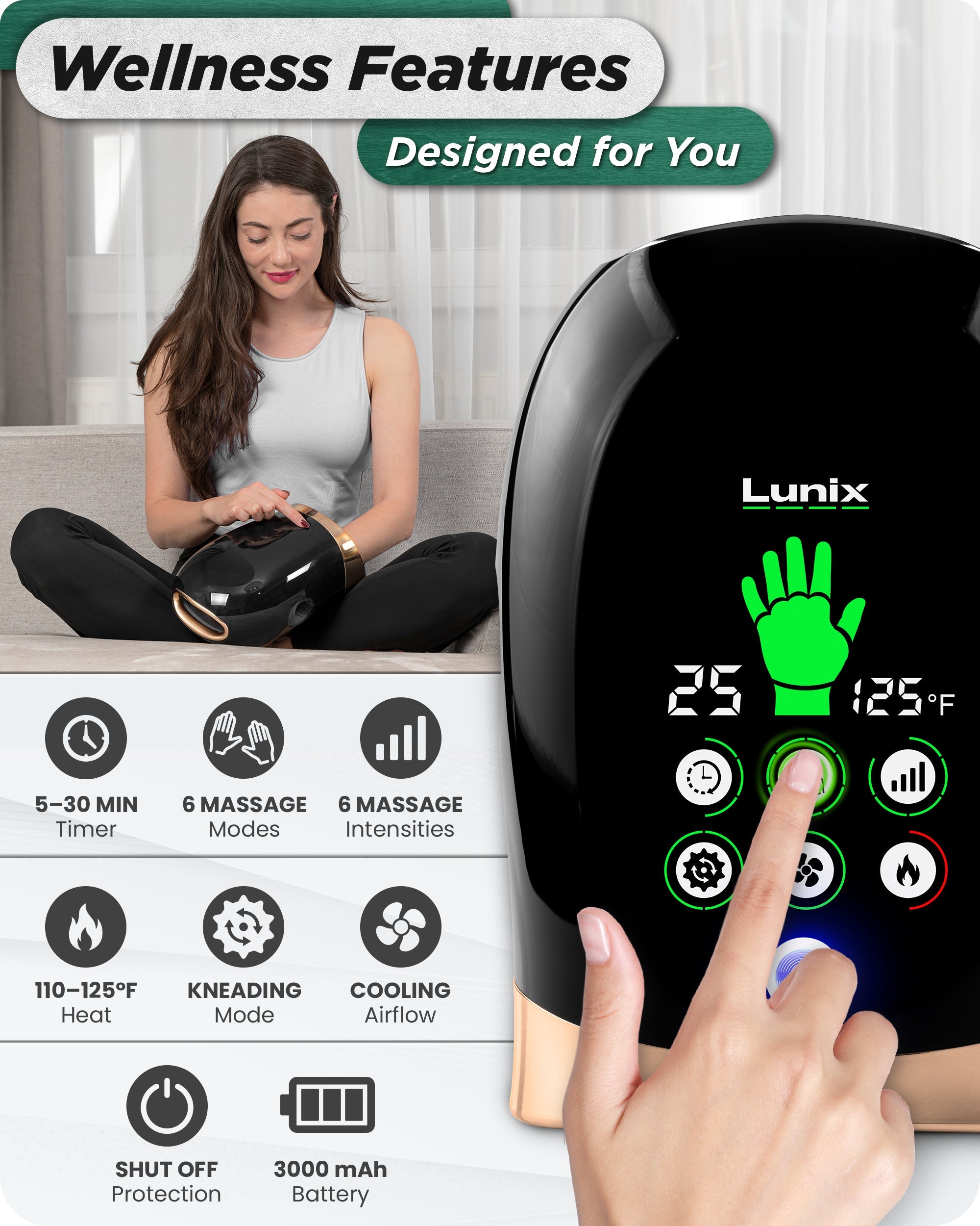 Lunix LX30 rolling hand massager in charcoal black with kneading, compression, heat, and cooling fan features, designed for hand relaxation.