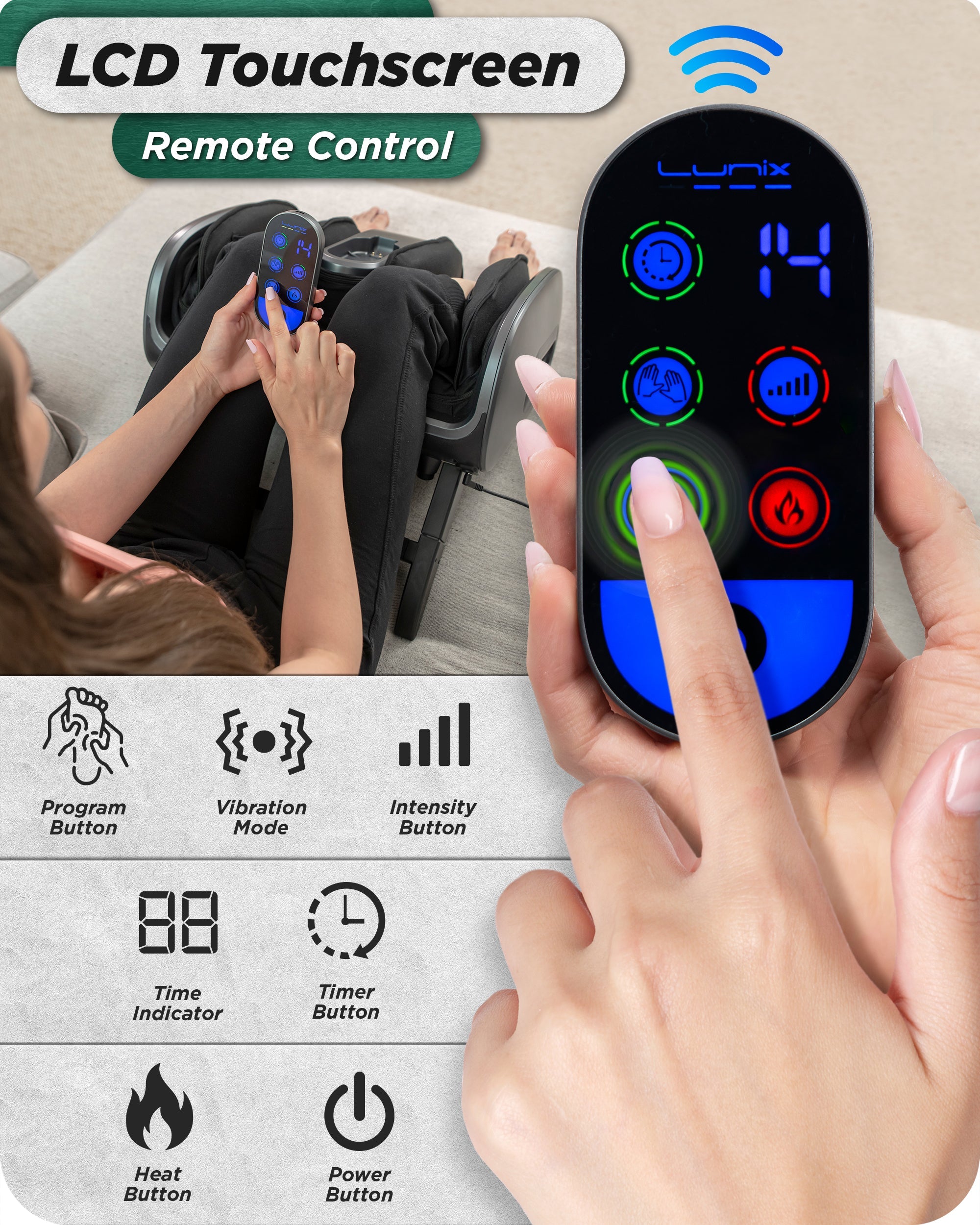 Lunix LX21 foot and calf massager in granite gray with remote control, designed for neuropathy and plantar fasciitis relief.