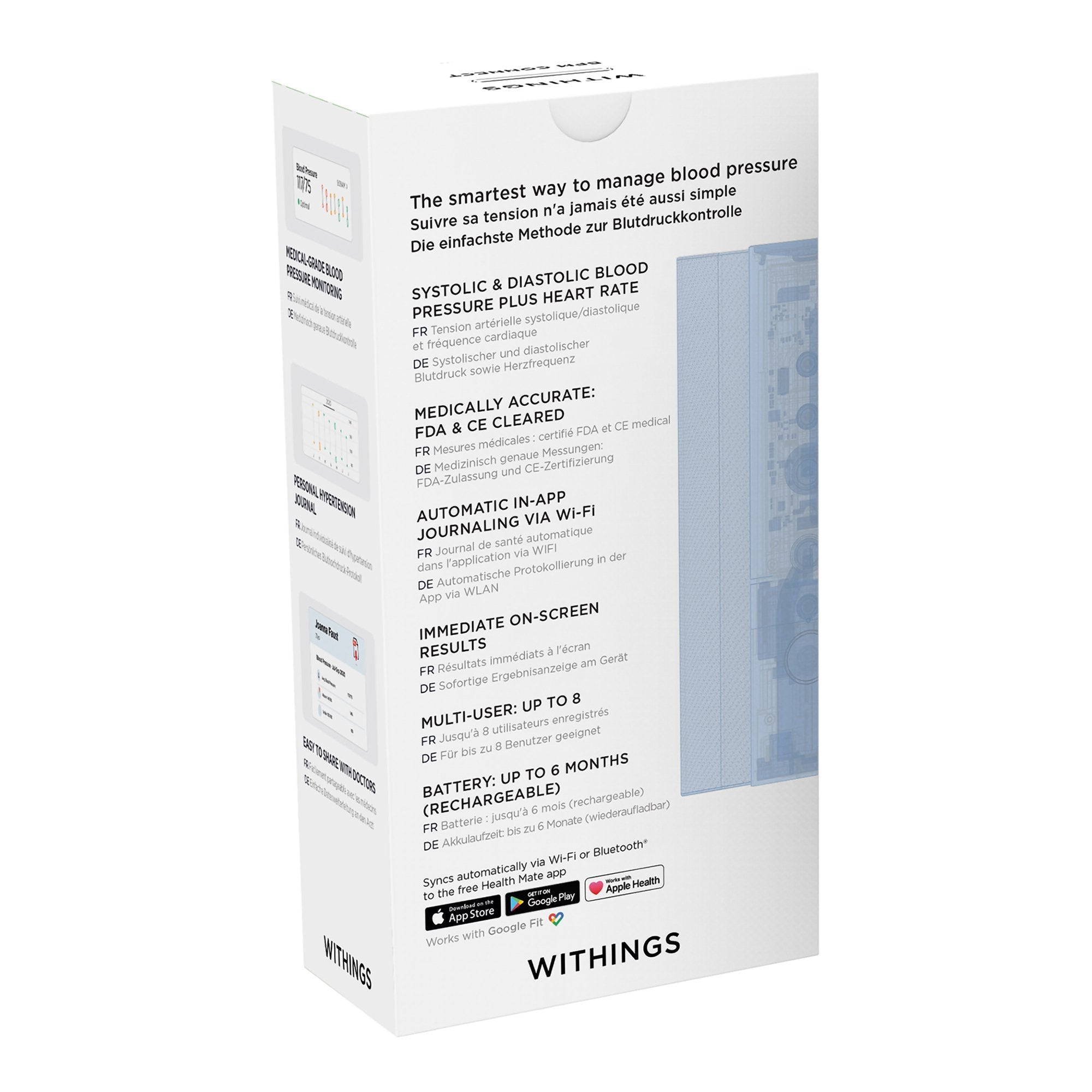 Medsitis Withings wireless upper arm blood pressure monitor displaying digital readings on the device screen.