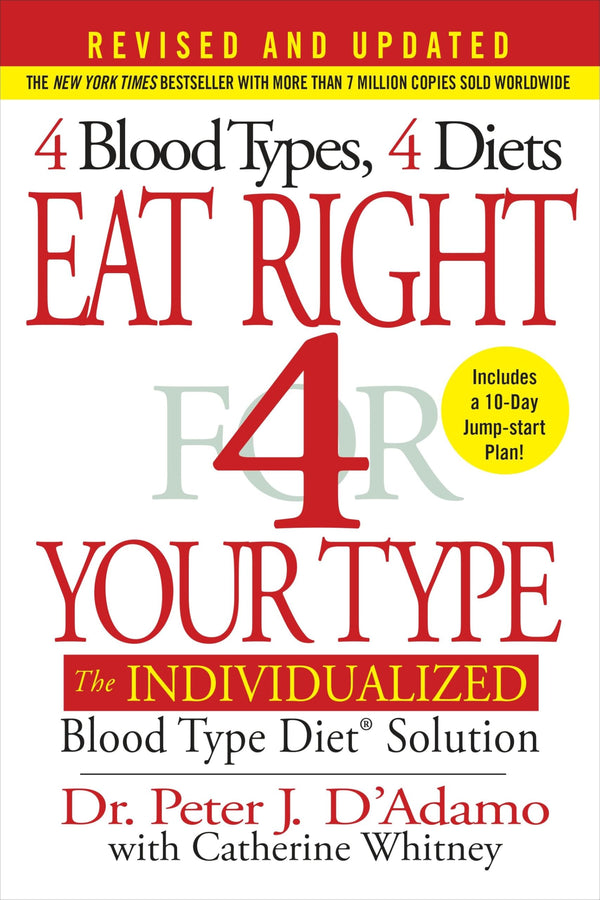 Book cover of "Eat Right 4 Your Type" by Miakarts Books, featuring title text and a colorful background related to blood type diets.