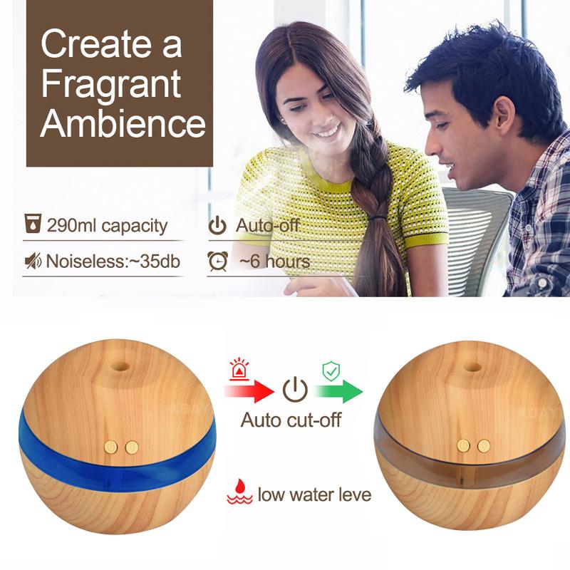 RANOVA USA KBAYBO USB ultrasonic humidifier with 290ml wood grain aroma diffuser, LED light, and essential oil mist maker.