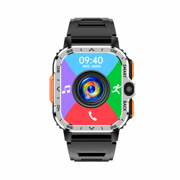 V.I.P Digital Presence AP8 smart watch with 4G, dual HD cameras, WiFi, health monitoring, and 2+16GB storage.