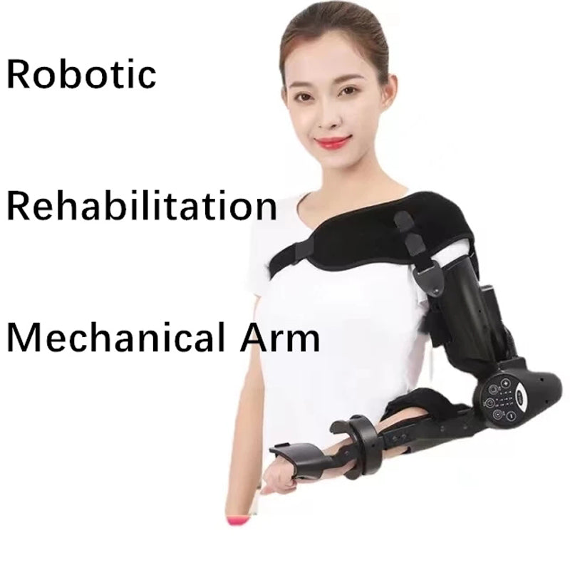 Electric elbow exercise device for upper arm flexion and extension training, shown in use with adjustable settings.