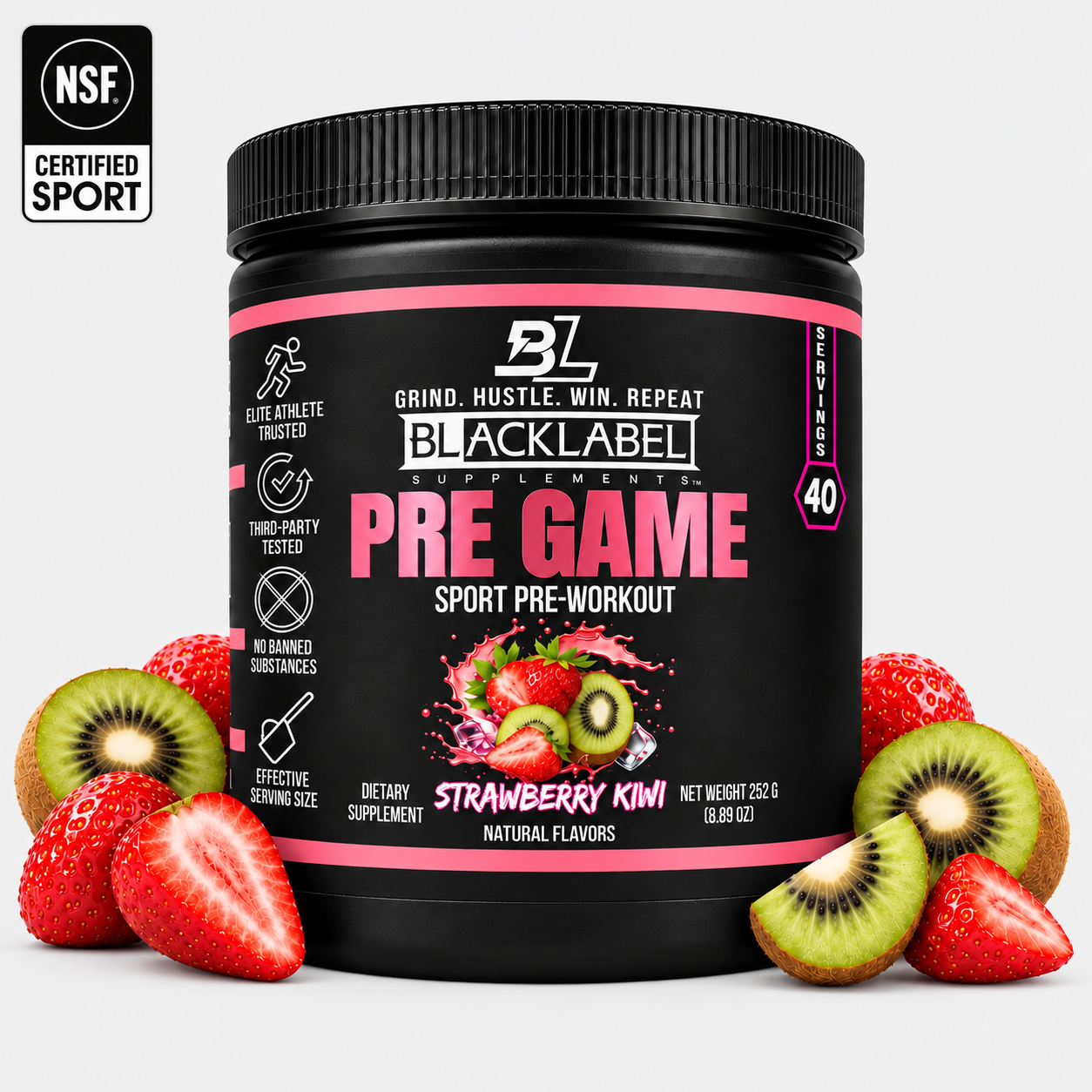 Blacklabel Supplements Pre Game dietary supplement container with label, featuring blue and black branding and supplement details.