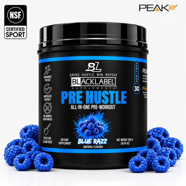 BlackLabel Supplements Pre Hustle V3 pre-workout powder in a colorful container with scoop, ready for intense workouts.