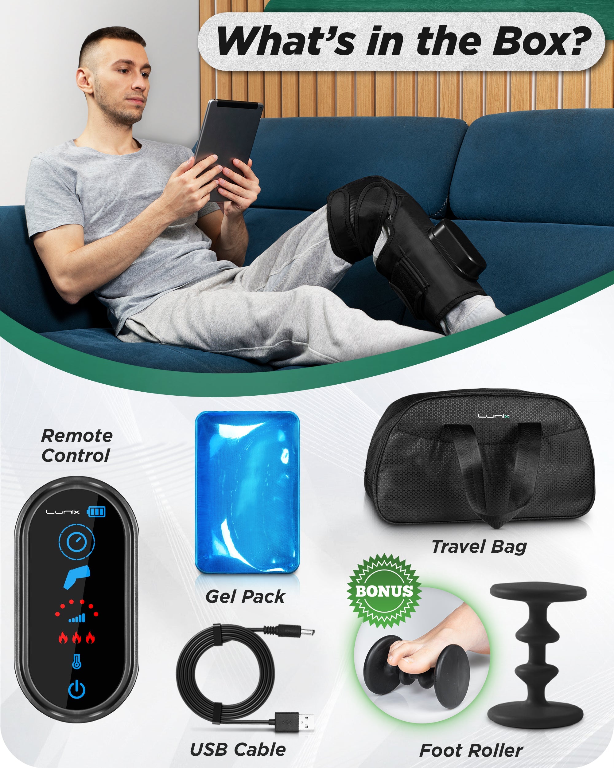 Lunix LX4 Knee Massager in charcoal black with adjustable straps and padded design for soothing knee pain relief and comfort.