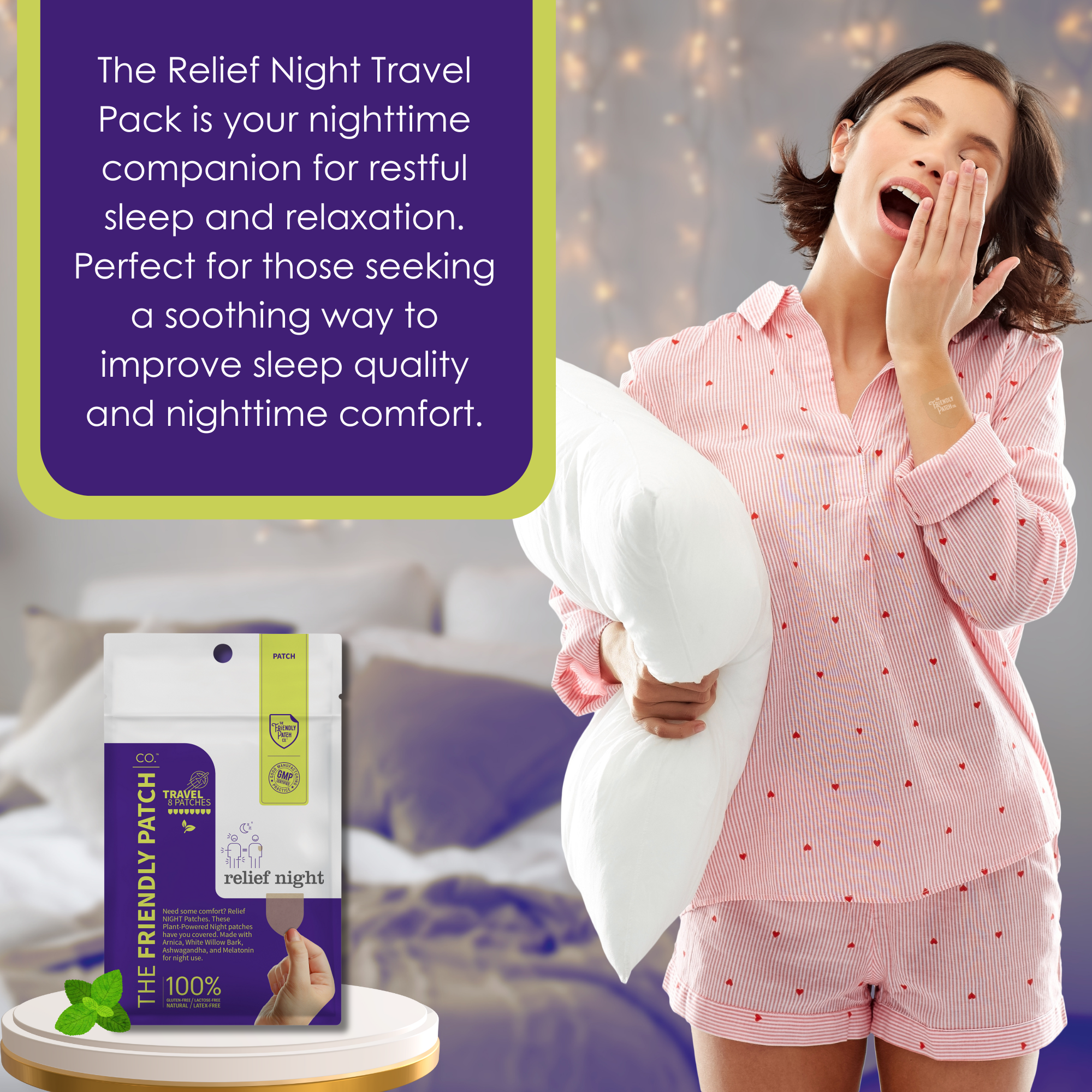 Friendly Patch Co pain relief patch for night use, plant-based topical patch designed for evening wellness routines.