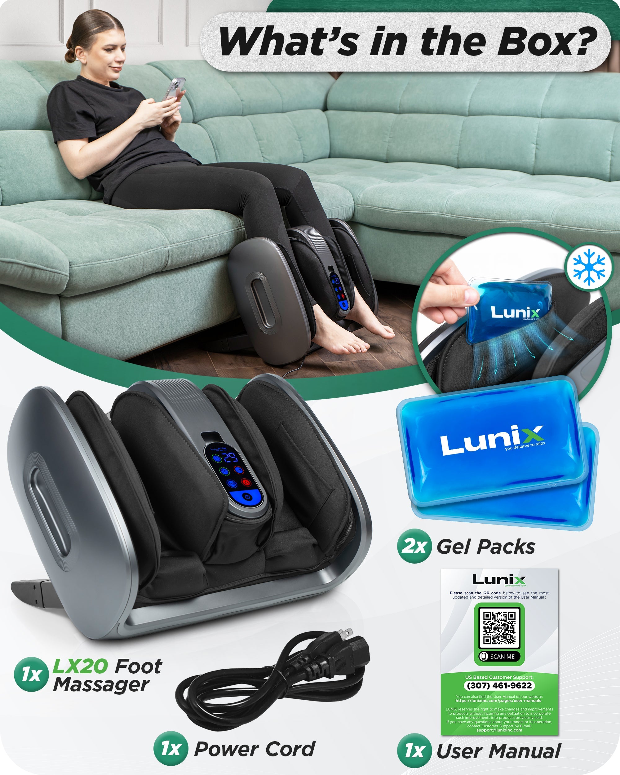 Lunix LX21 foot and calf massager in granite gray with remote control, designed for neuropathy and plantar fasciitis relief