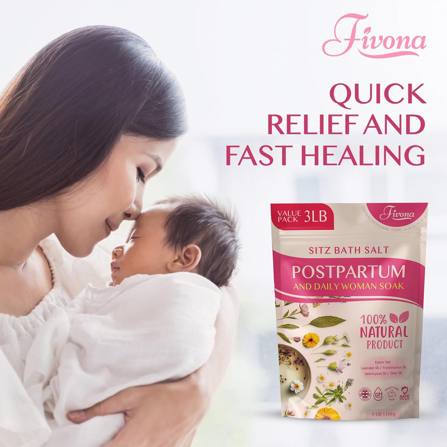 Fivona Postpartum Sitz Bath Soak Blend in a 48oz container, with herbal ingredients visible in a natural setting.