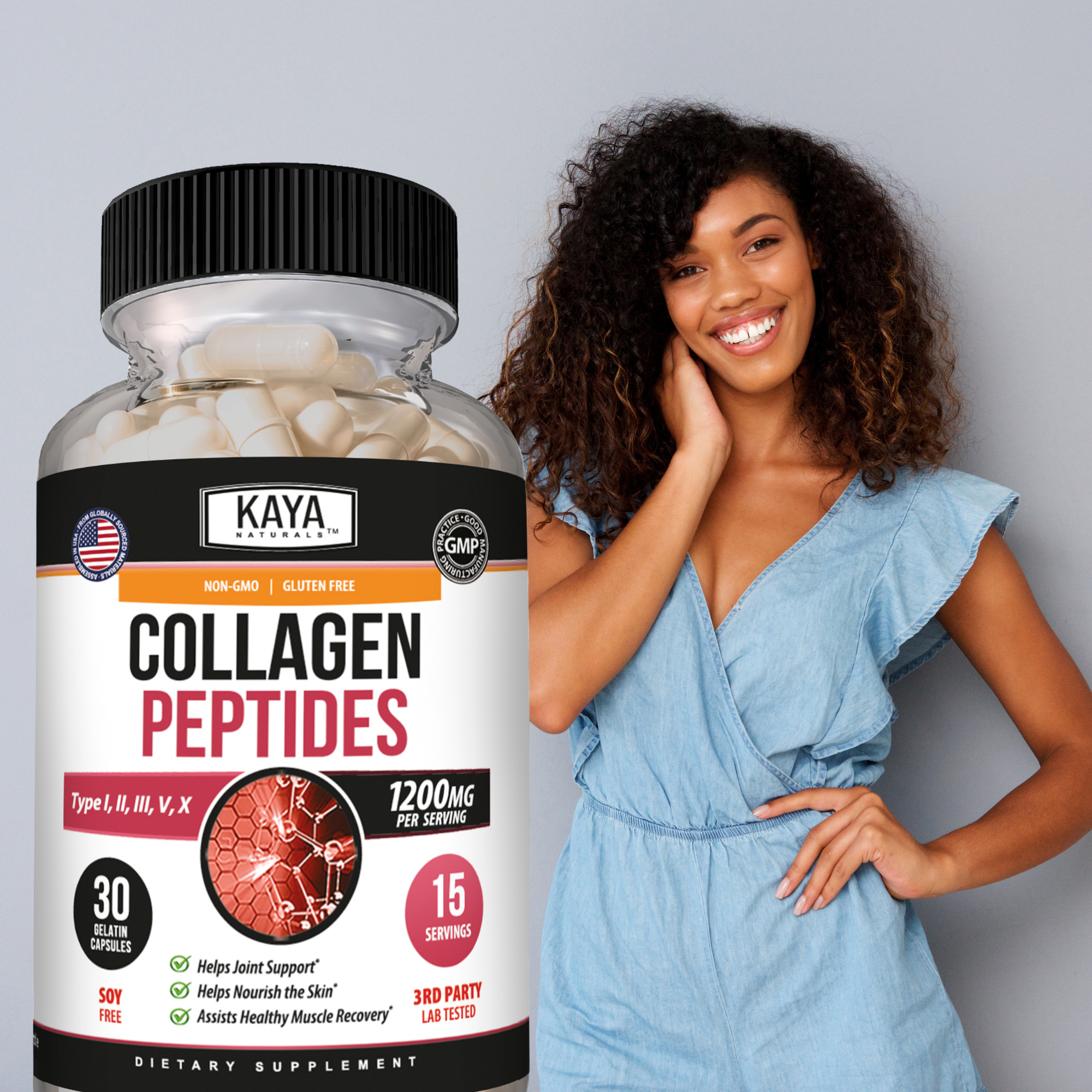 Kaya Naturals Collagen Peptides in a clear jar, showing white powder inside on a white background.