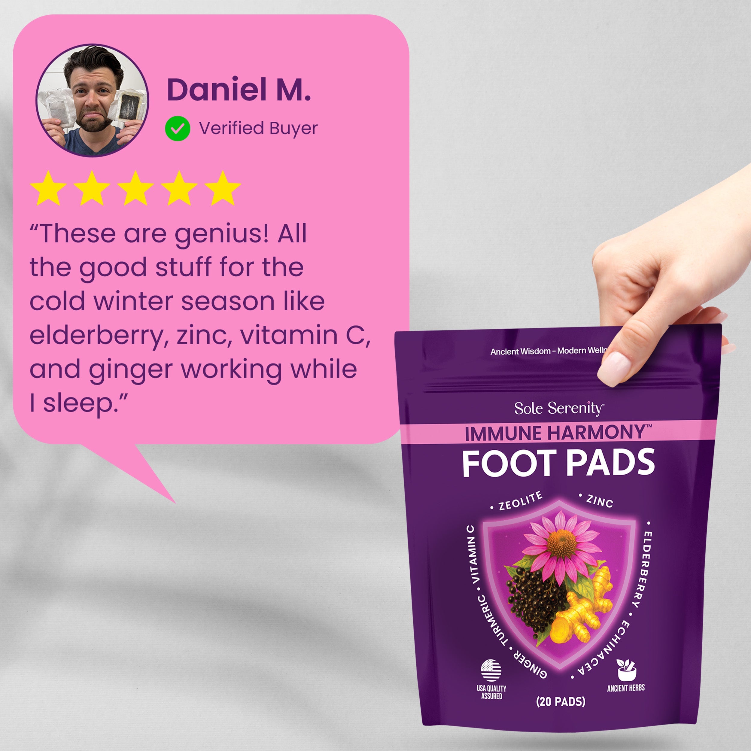Lure Essentials Immune Harmony Detox Foot Pads with elderberry and zinc for wellness and detoxification, shown on feet.